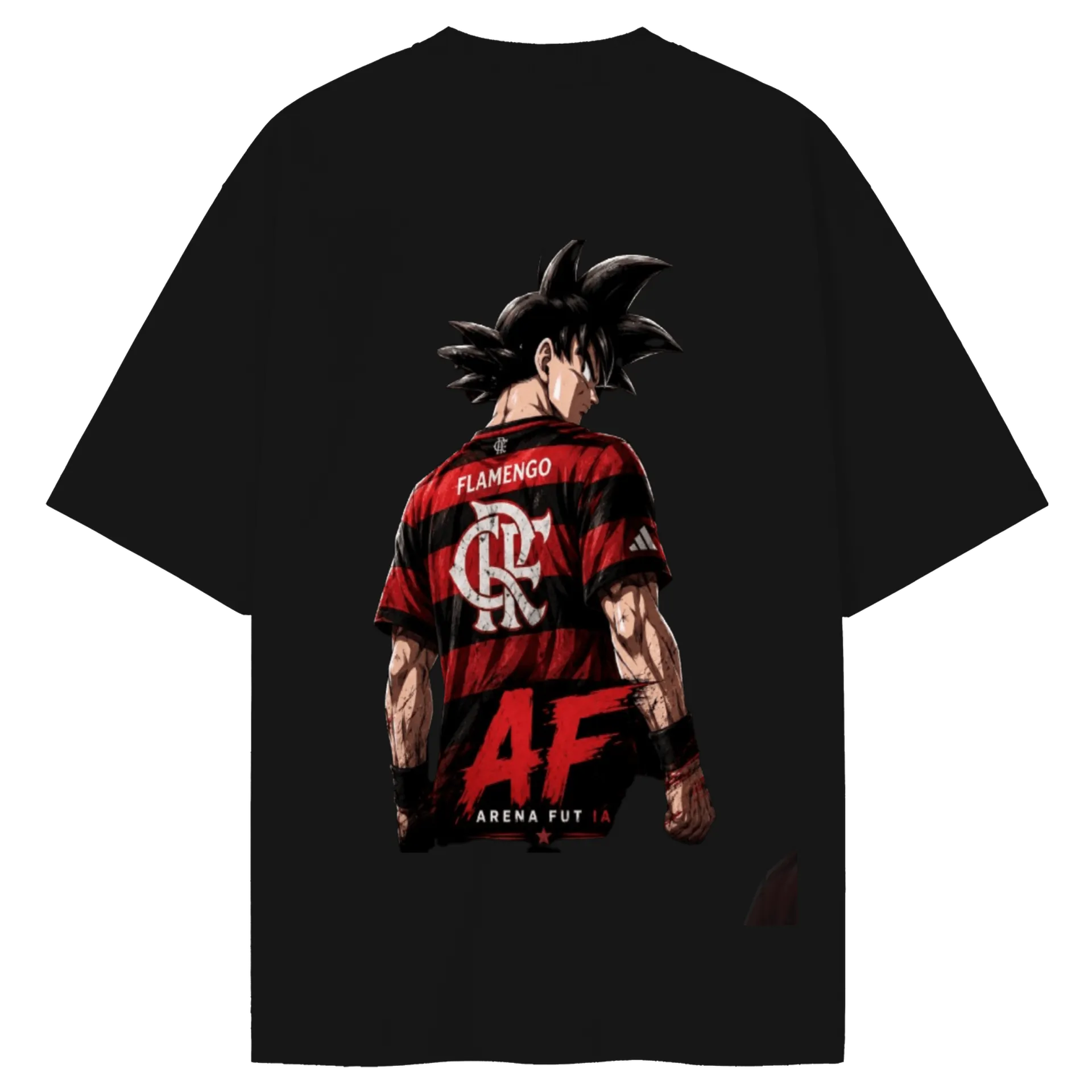 Camiseta Oversized Estampa Flamengo Estilo Anime Preto de Arena Fut IA