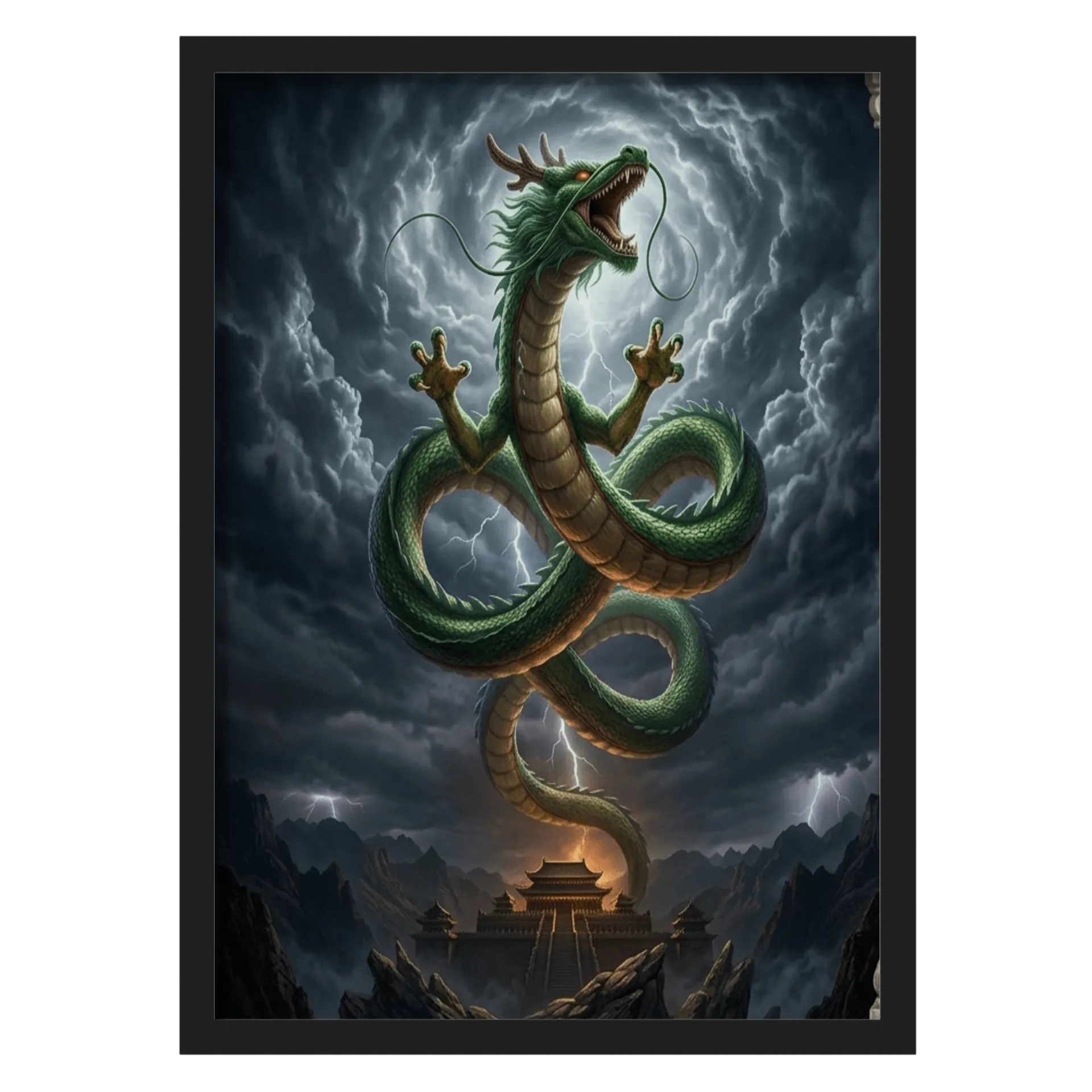 Quadro Dragão Verde Tempestade A3 Com Vidro MDF e Vidro - Imagem 1