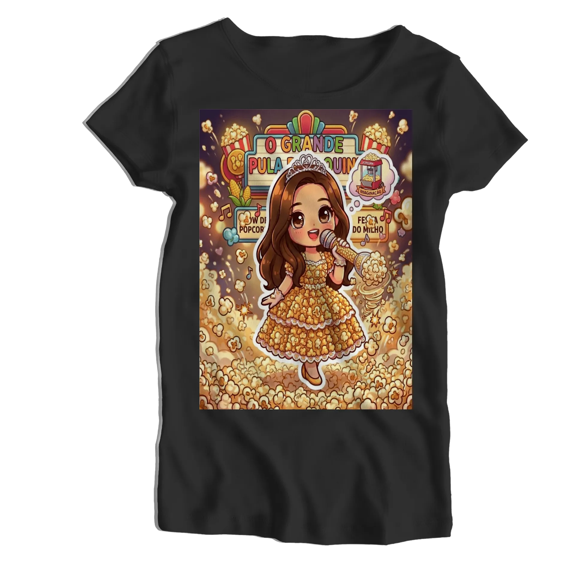 Camiseta Babylook Menina Cartoon Vestido de Pipoca 100% - Imagem 1