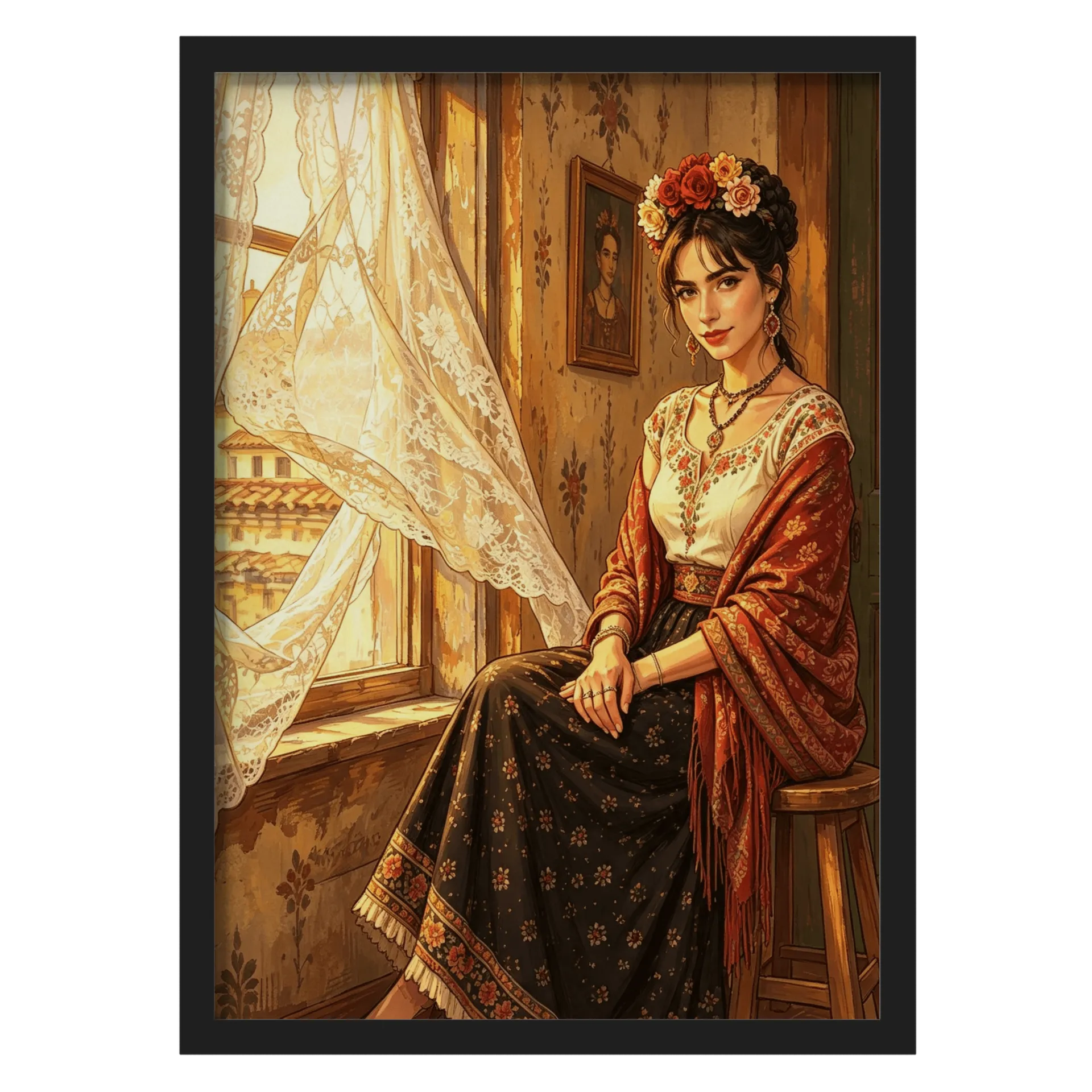 Quadro Mulher Desenho Floral Romântico A3 MDF e Vidro - Imagem 1