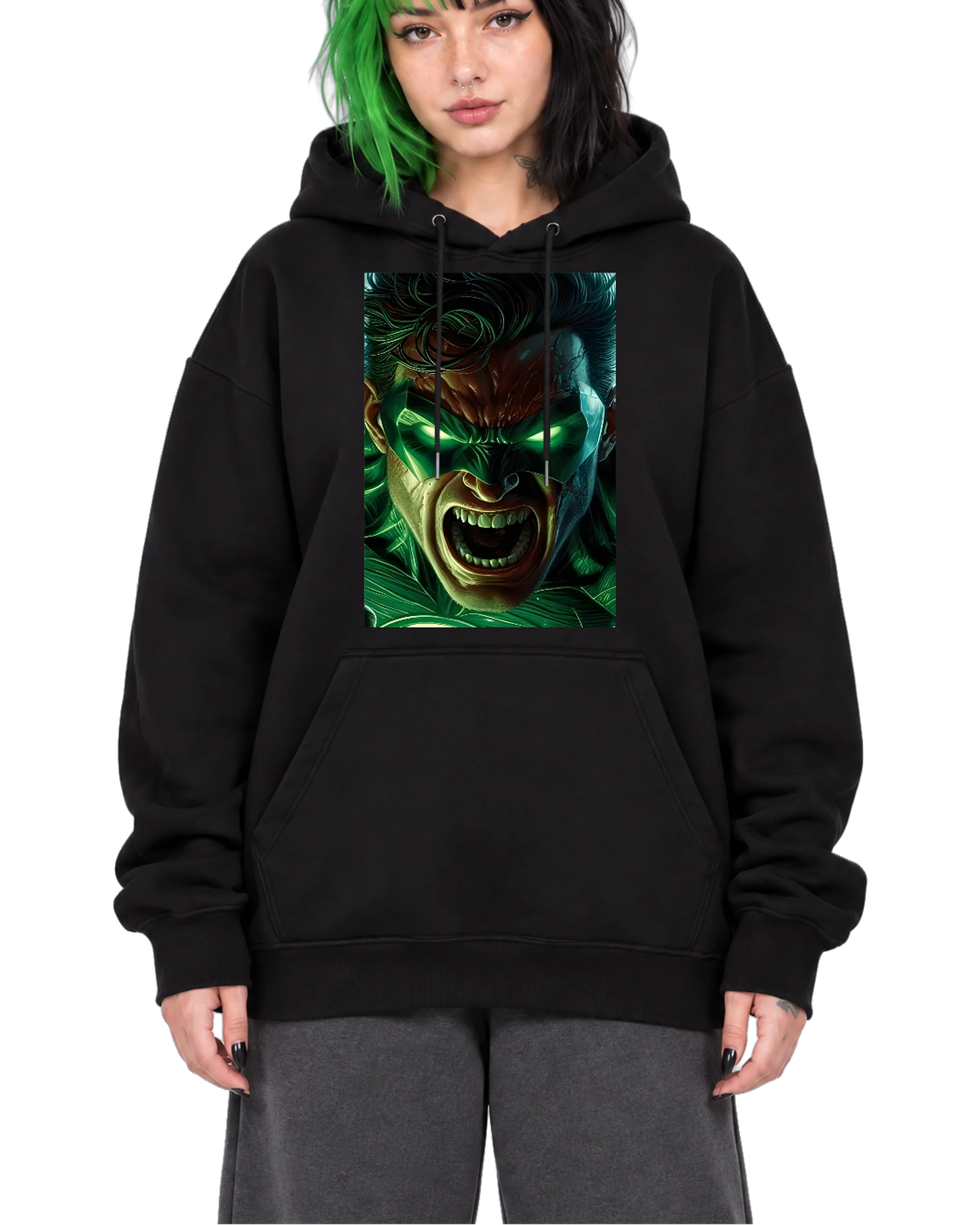 Blusa Moletom Canguru Rosto com Olhos Verdes em Estilo - Imagem 1