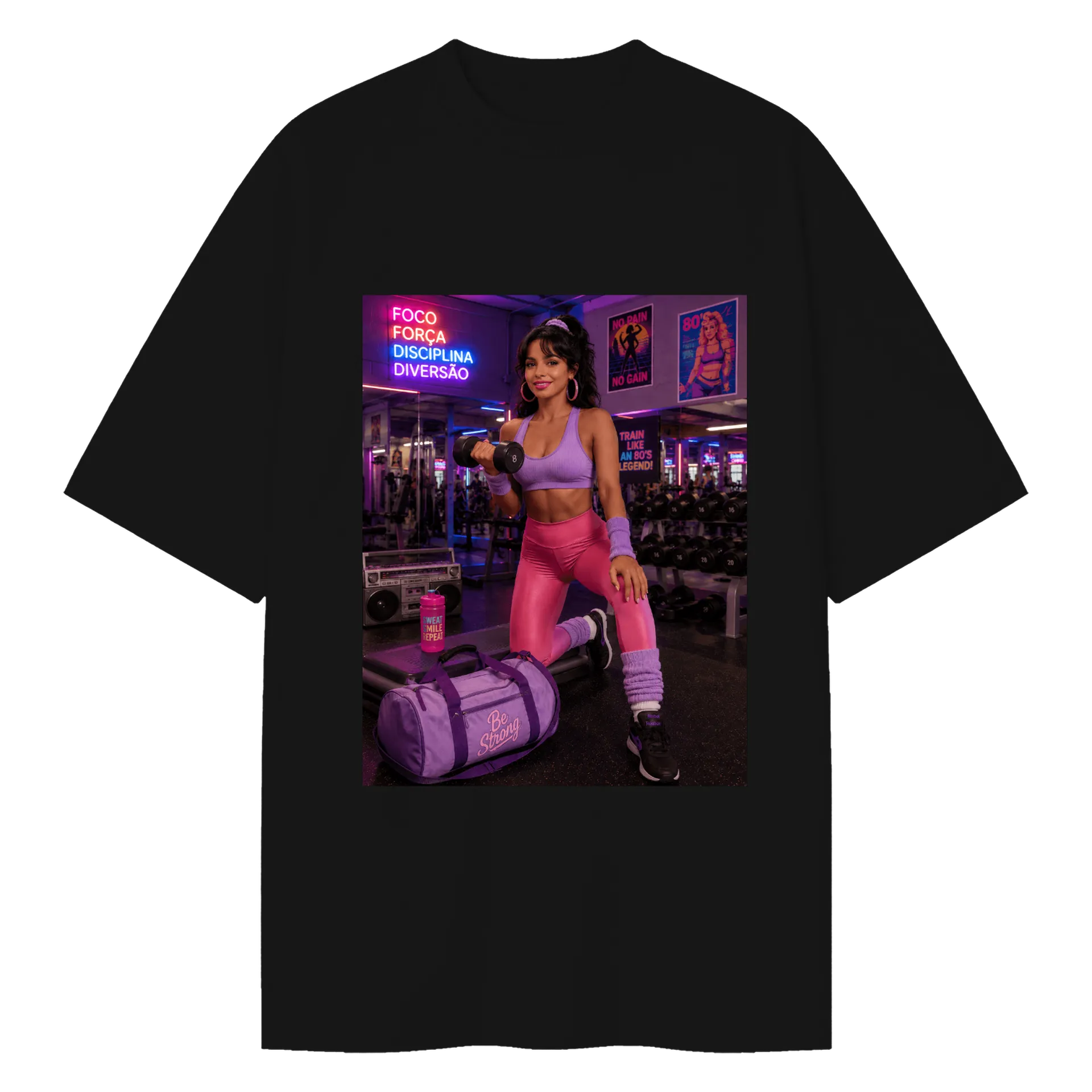 Camiseta Oversized Estampa Academia Neon Lilás Rosa Preto - Imagem 1