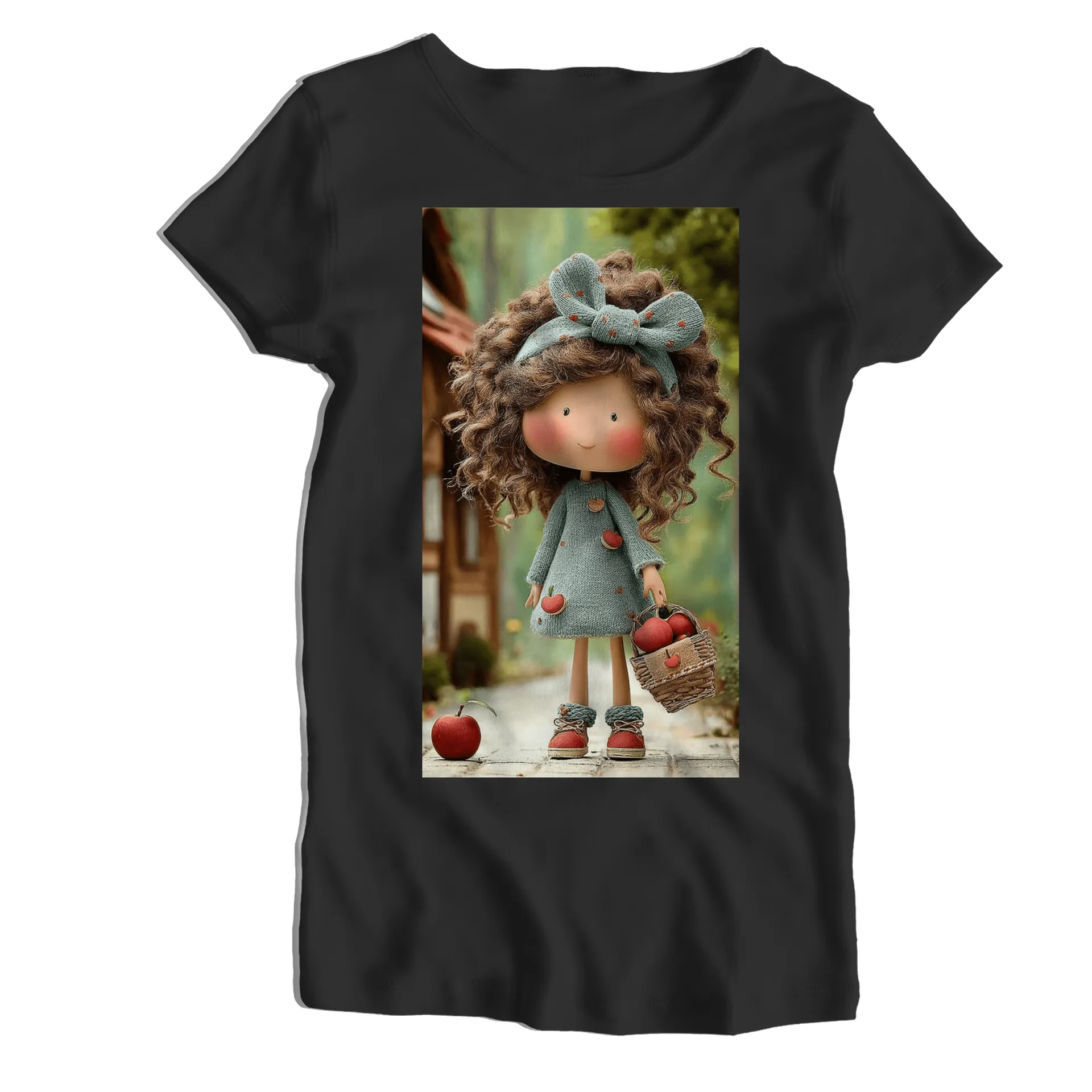 Camiseta Babylook Boneca de Tricô com Maçãs 100% Algodão - Imagem 1