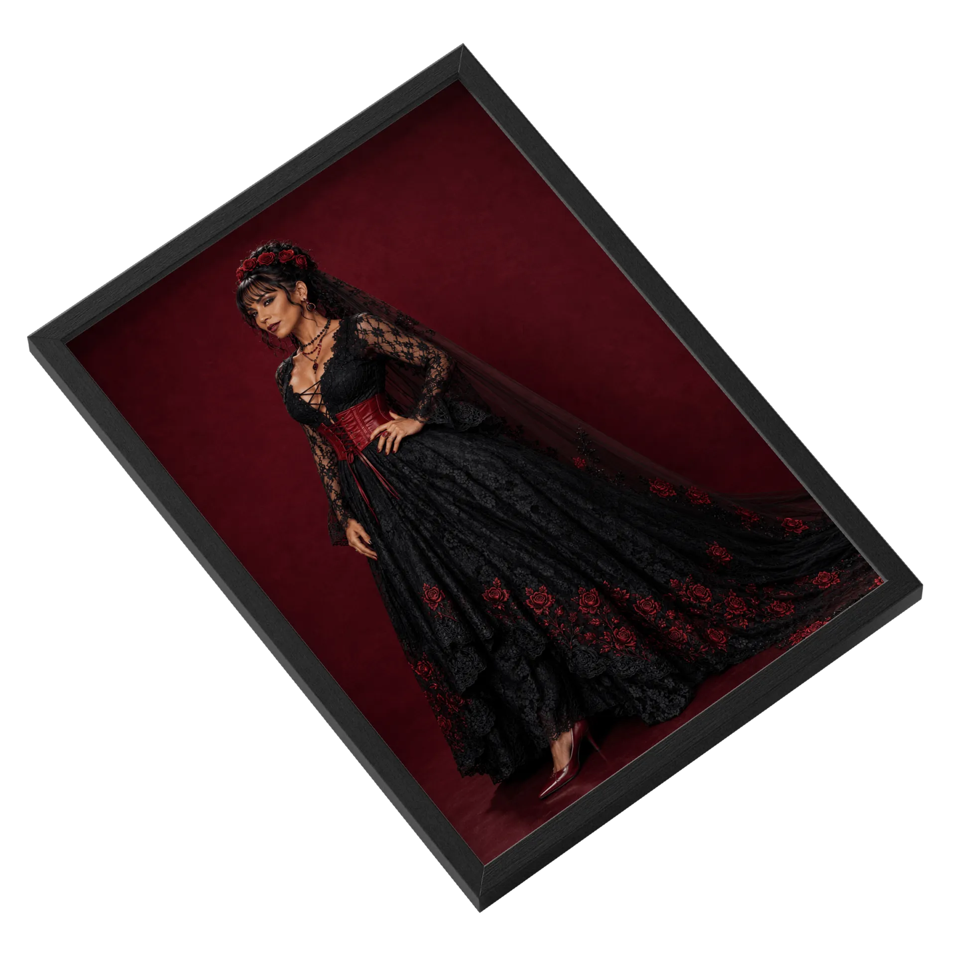 Quadro Vestido de noiva gótica  Rosas Vermelhas A3 com Vidro - Imagem 2