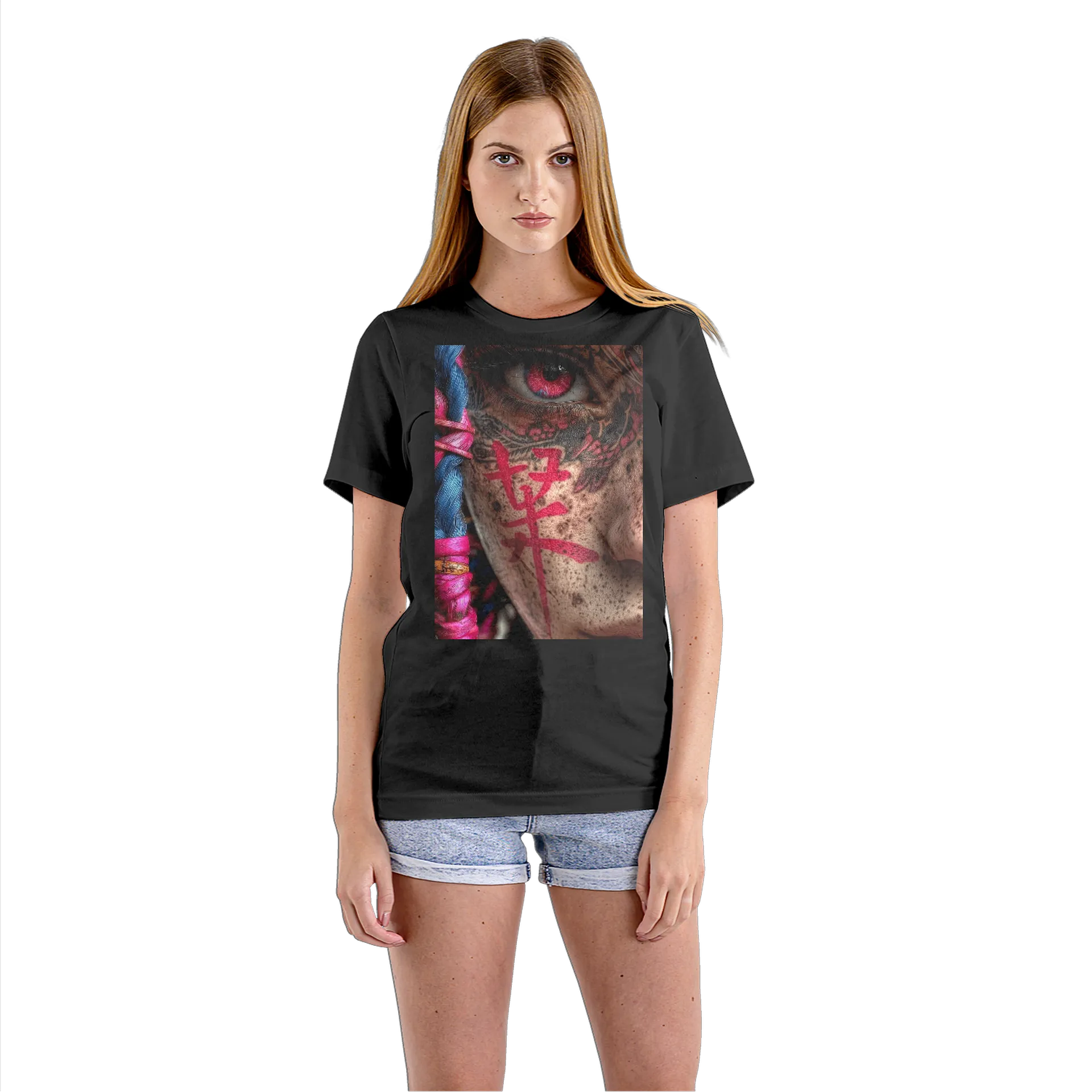 Camiseta Babylook Rosto Tatuado Olho Rosa 100% Algodão - Imagem 3