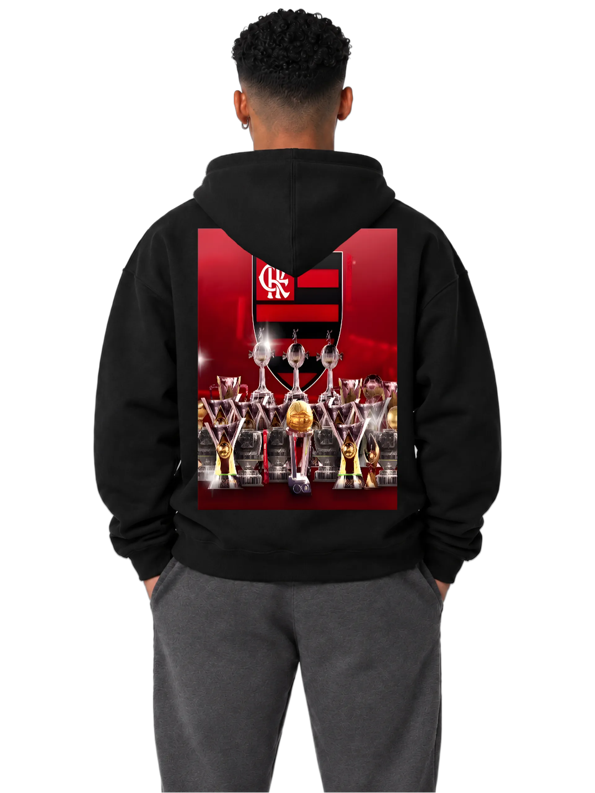 Blusa Moletom Canguru Flamengo Escudo e Troféus Vermelho e - Imagem 4