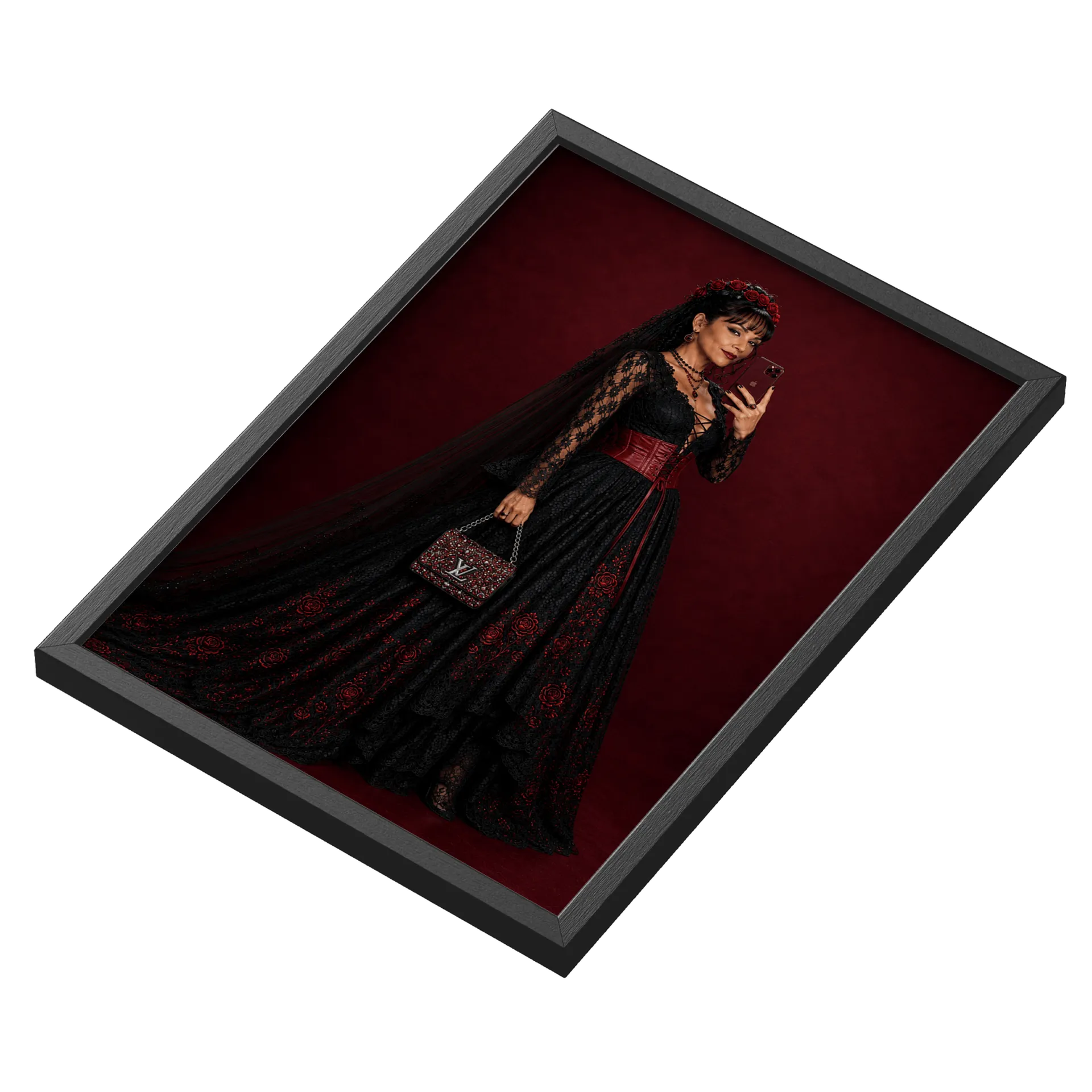 Quadro Princesa Negra Gótica Bordado Vermelho A3 MDF e Vidro - Imagem 3