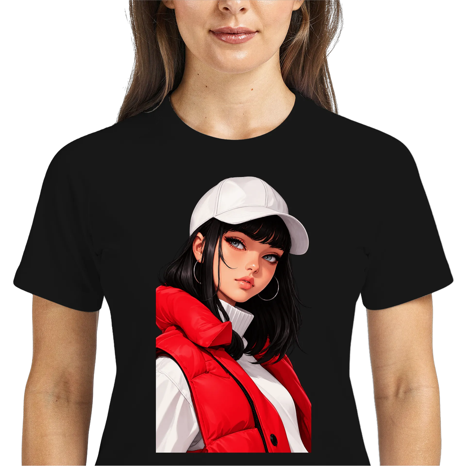 Camiseta Dry Fit Retrato Feminino Estilo Anime Vermelho e - Imagem 3