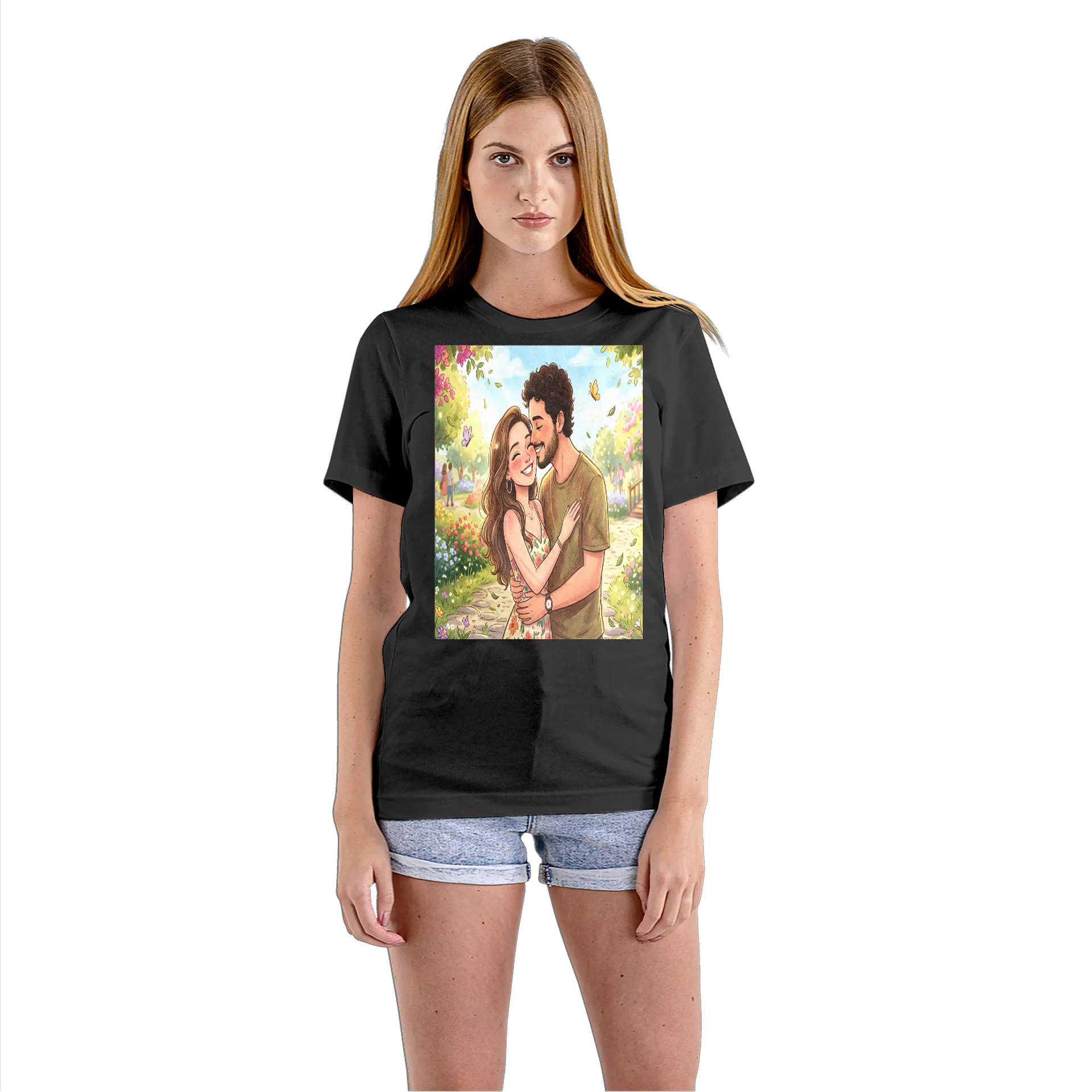 Camiseta Babylook Casal se Abraçando em Jardim Florido - Imagem 3