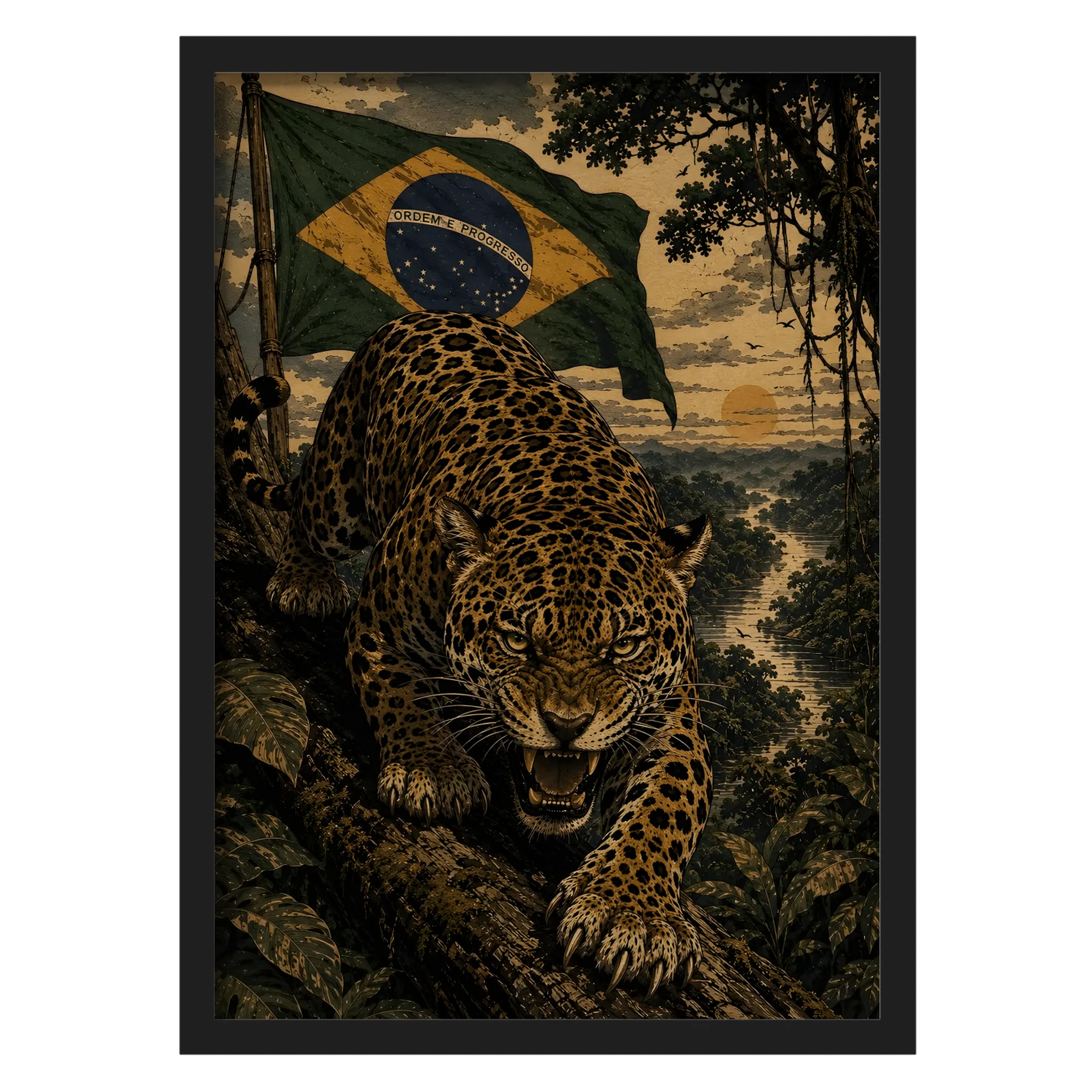 Quadro Onça-pintada Bandeira do Brasil Arte Realista A3 - Imagem 1