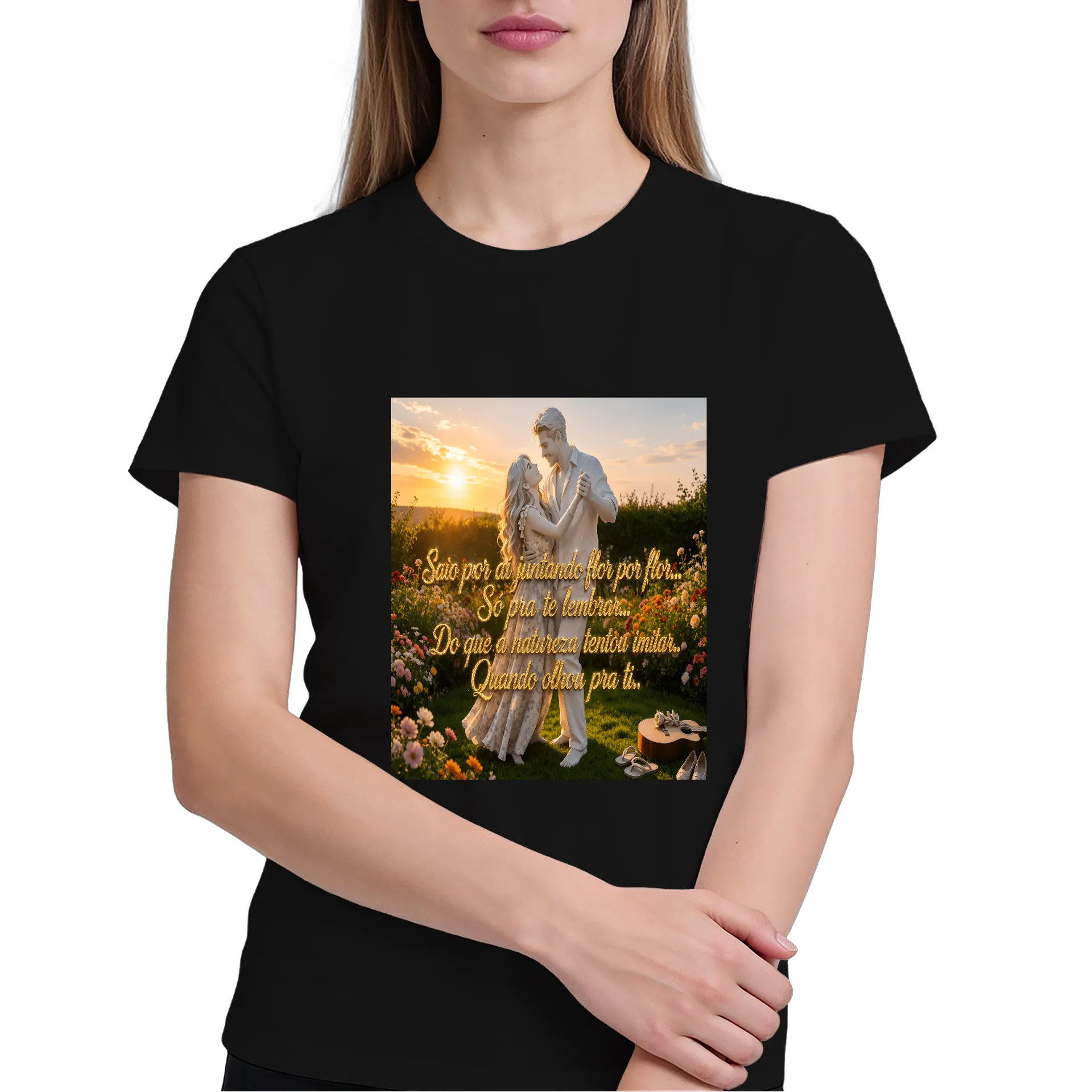Camiseta Amores ao entardecer Estampa floral dourada 100% - Imagem 3