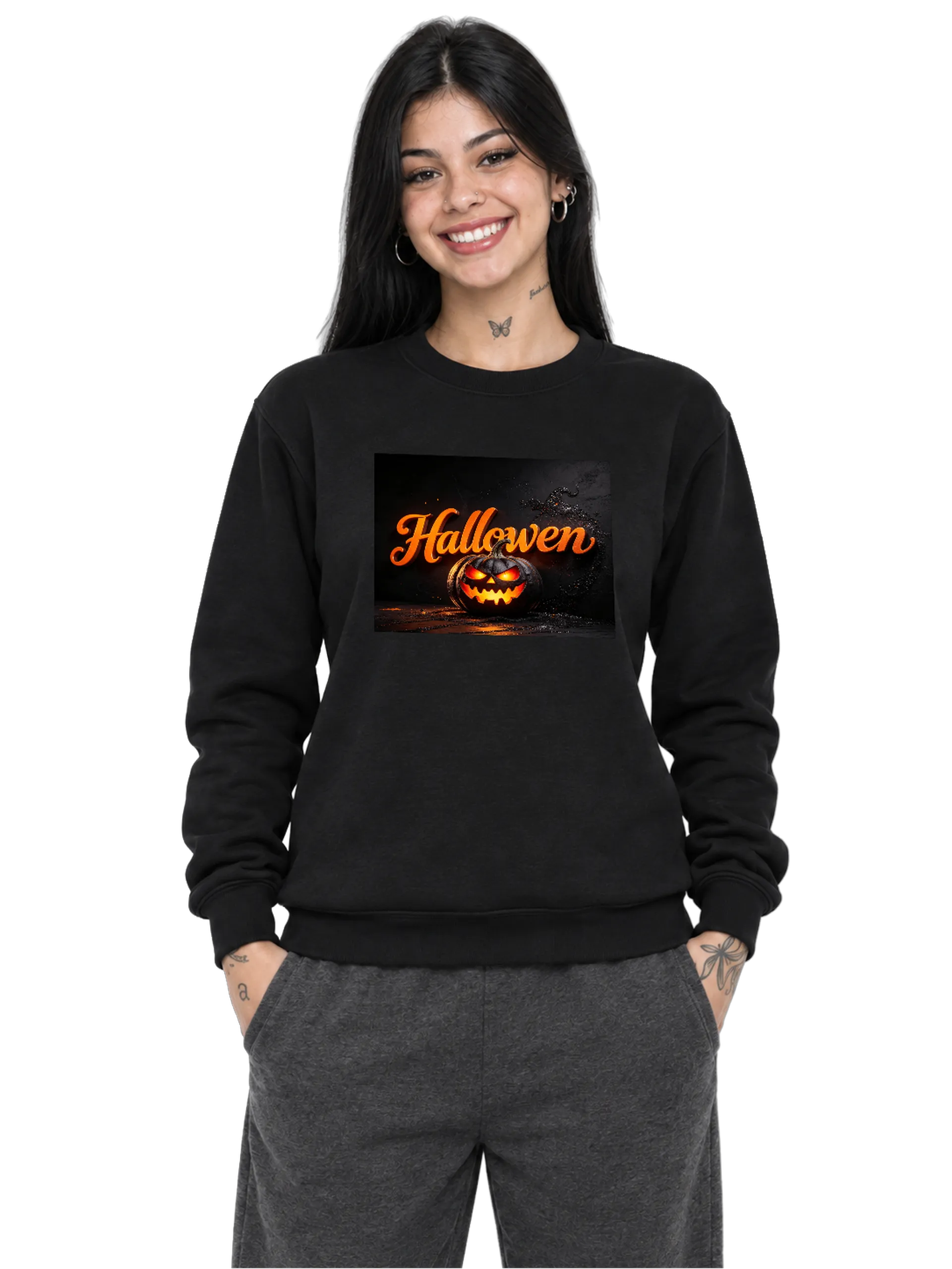 Suéter Moletom Abóbora de Halloween Estilo Realista Preto - Imagem 1