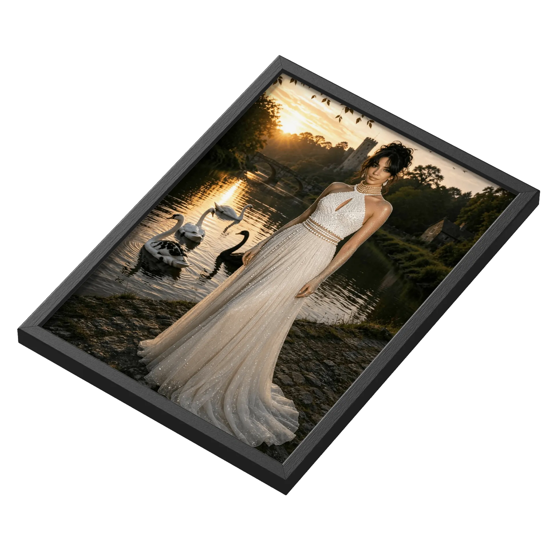Quadro Artista Vestido Branco Luxo A3 Dourado Vidro MDF e - Imagem 3