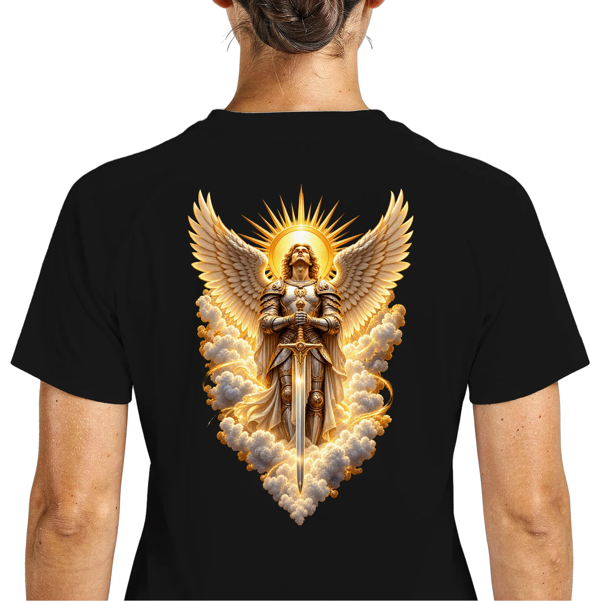 Camiseta Dry Fit Anjo Guerreiro com Asas Douradas Unissex - Imagem 5