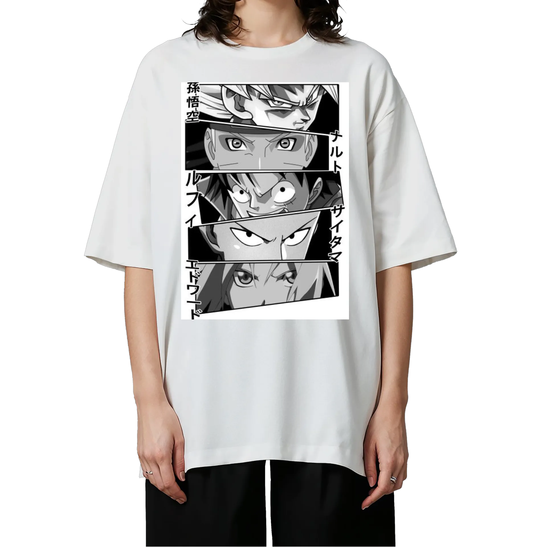 Camiseta Oversized Estampa Personagens Anime Preto e Branco - Imagem 3