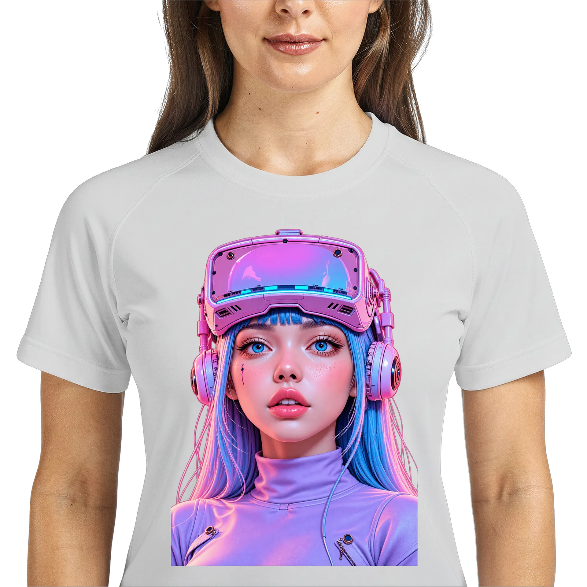 Camiseta Dry Fit Retrato Futurista de Mulher Cyberpunk - Imagem 3
