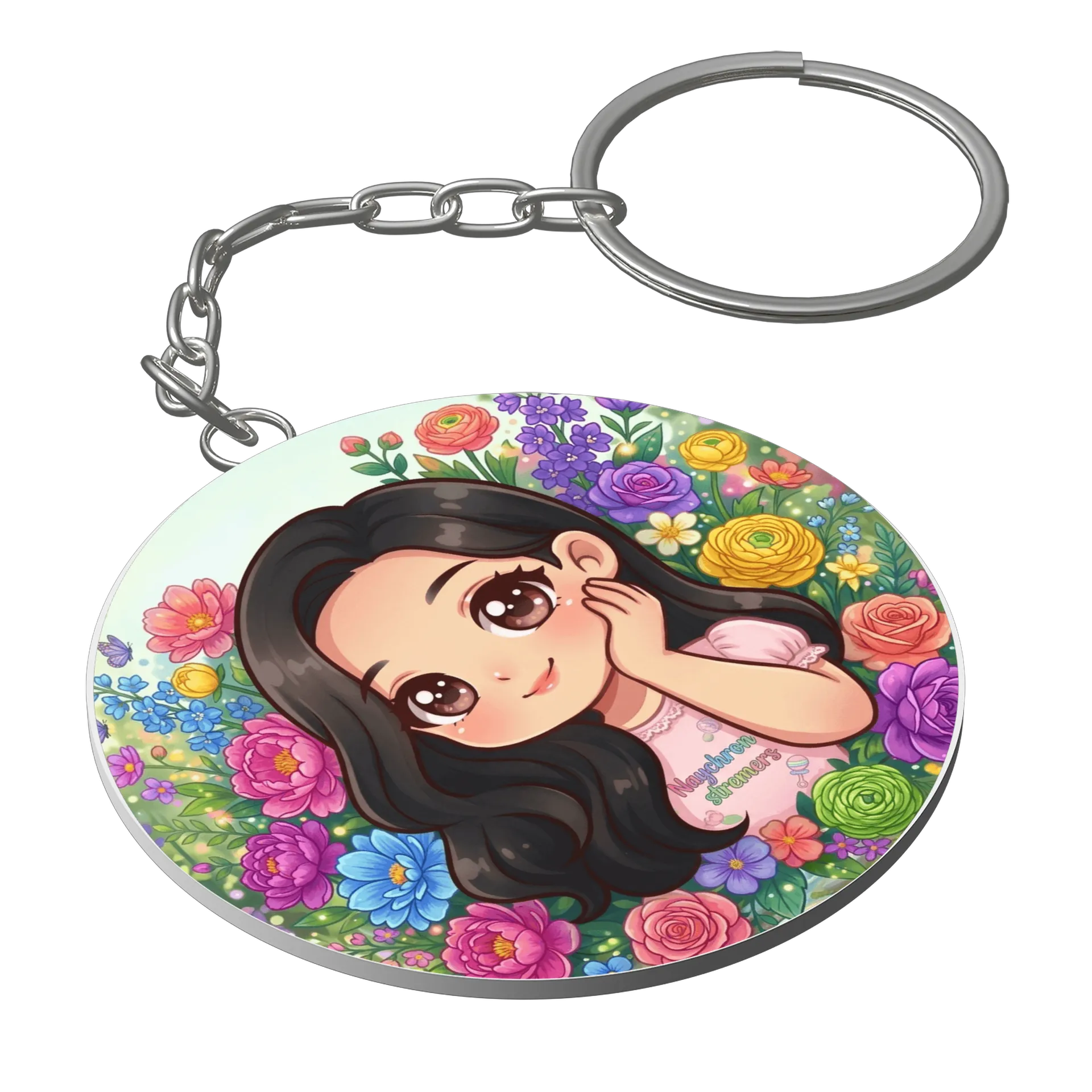 Chaveiro MDF Menina Cartoon Flores Coloridas 'Naychron - Imagem 1