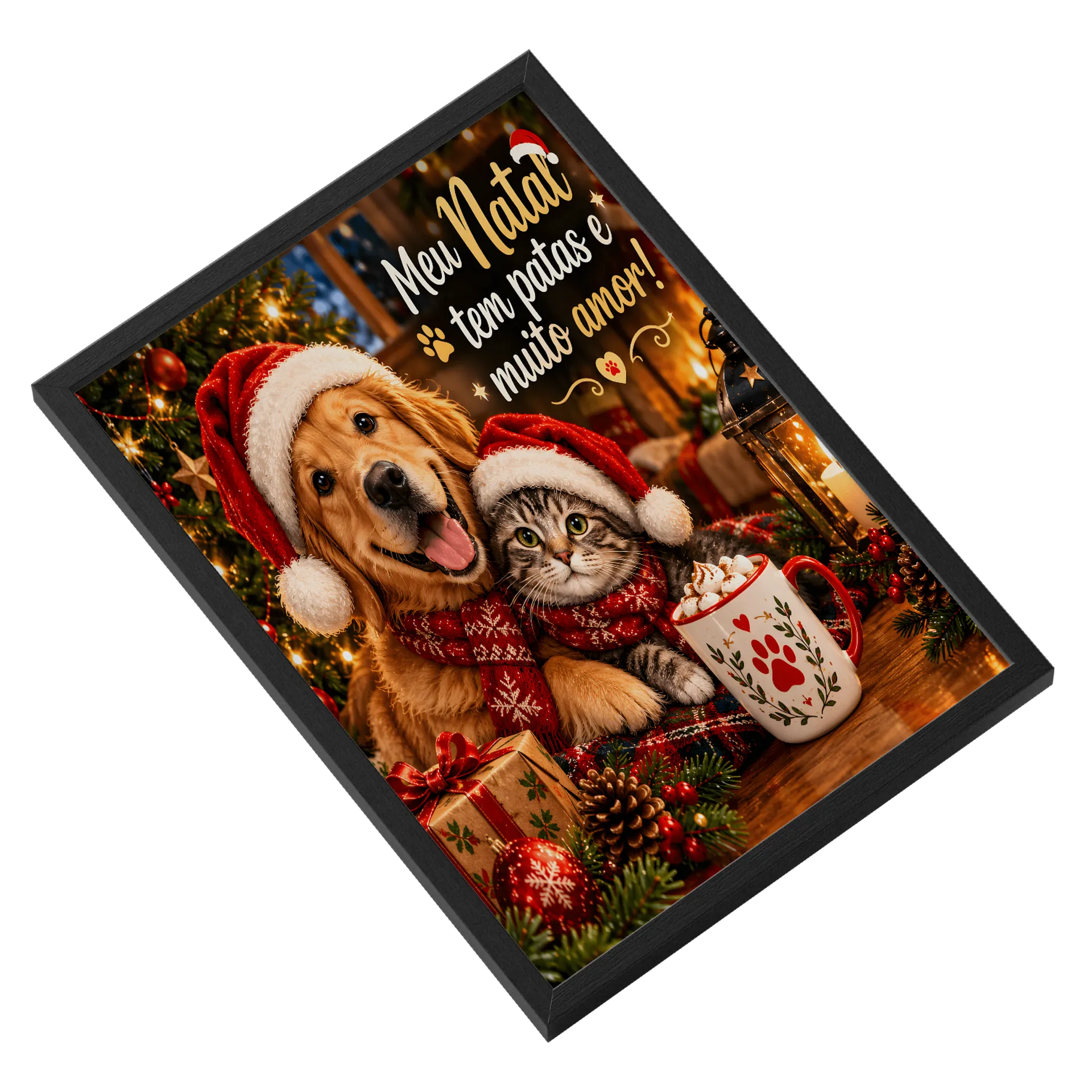 Quadro Cachorro e Gato no Natal com Frase A3 - Imagem 2