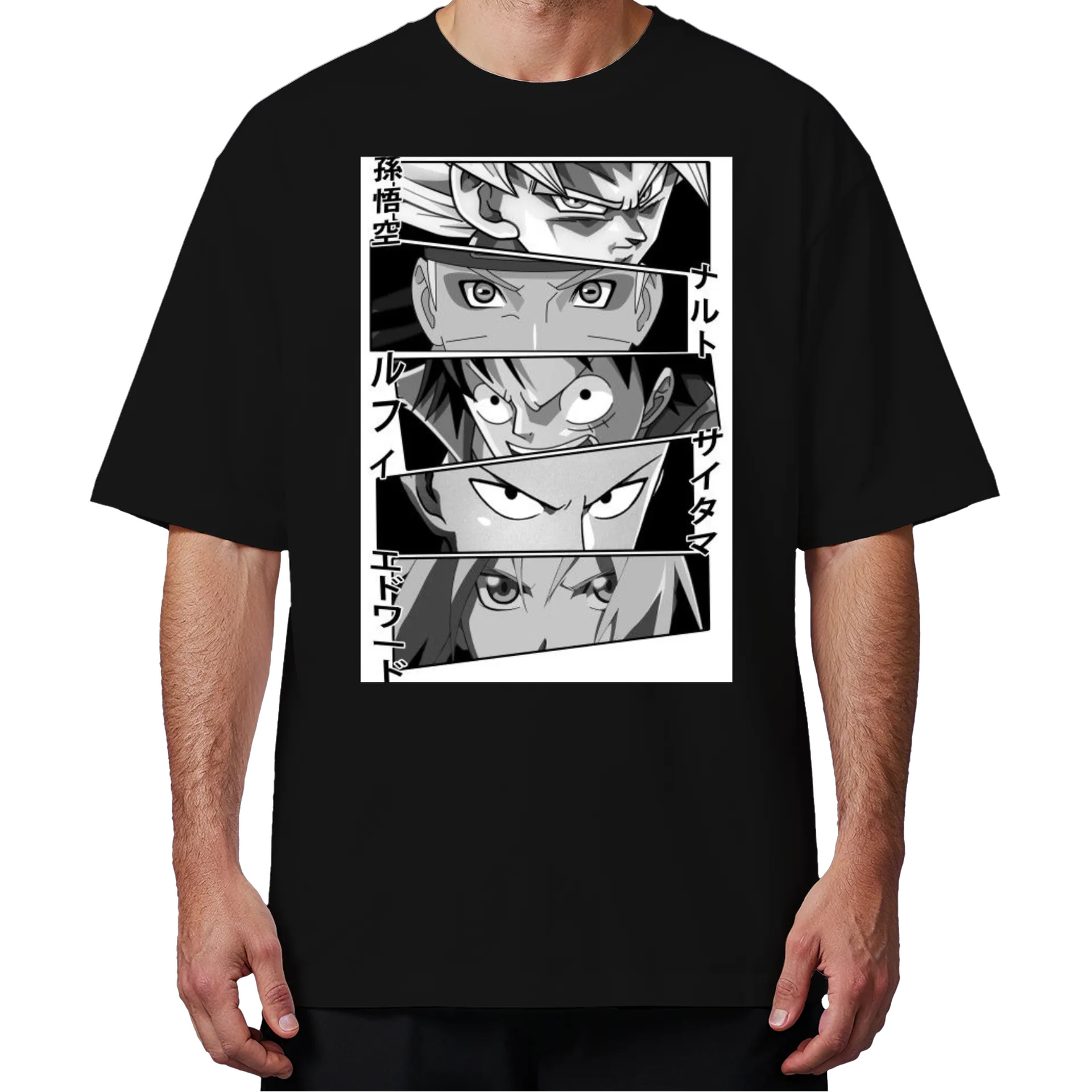 Camiseta Oversized Estampa Personagens Anime Preto e Branco - Imagem 4