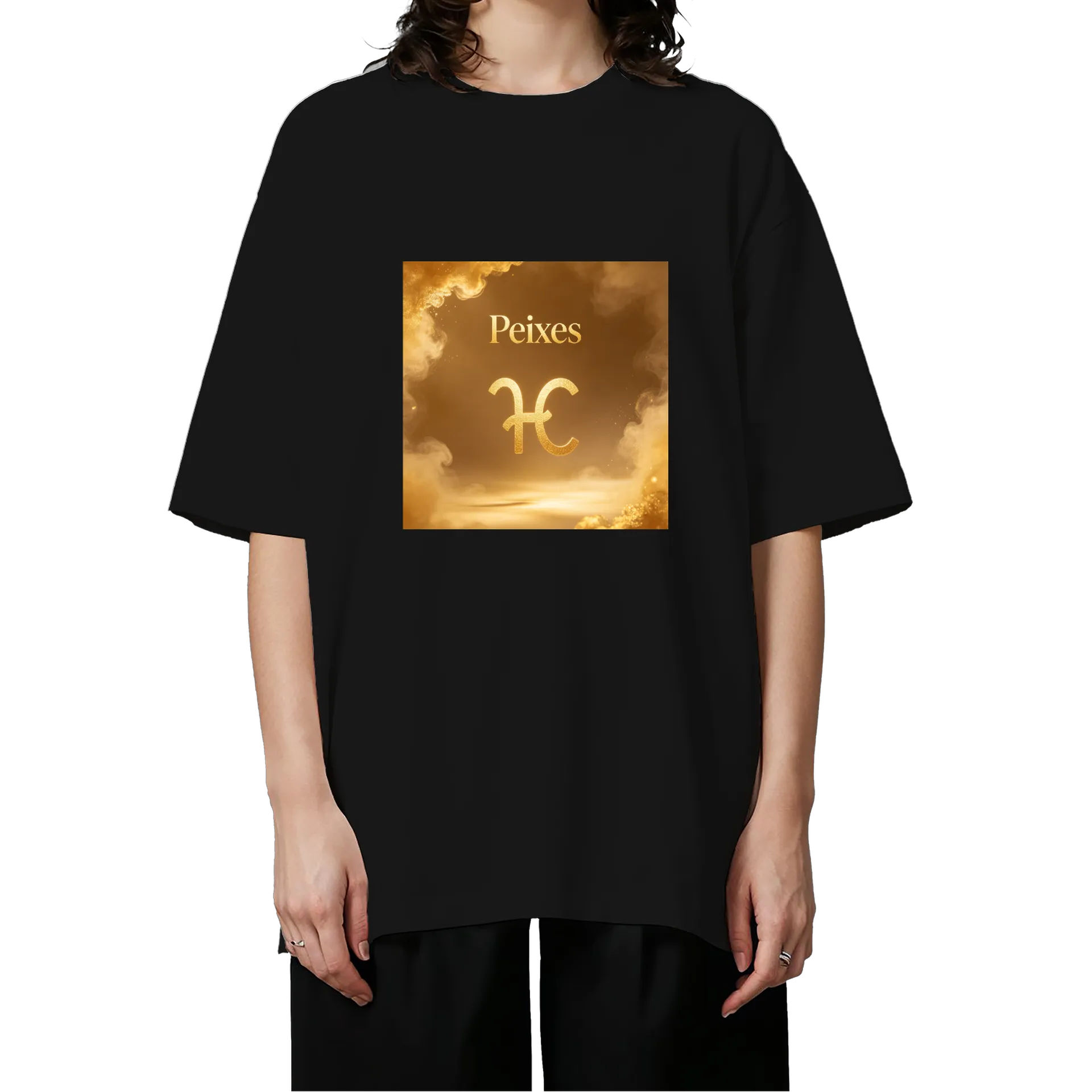 Camiseta Oversized Peixes Estampa Brilhante Dourado 100% - Imagem 3