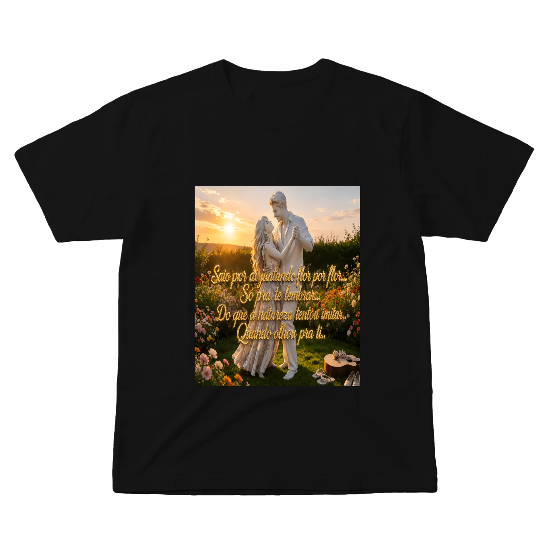 Camiseta Amores ao entardecer Estampa floral dourada 100% - Imagem 1