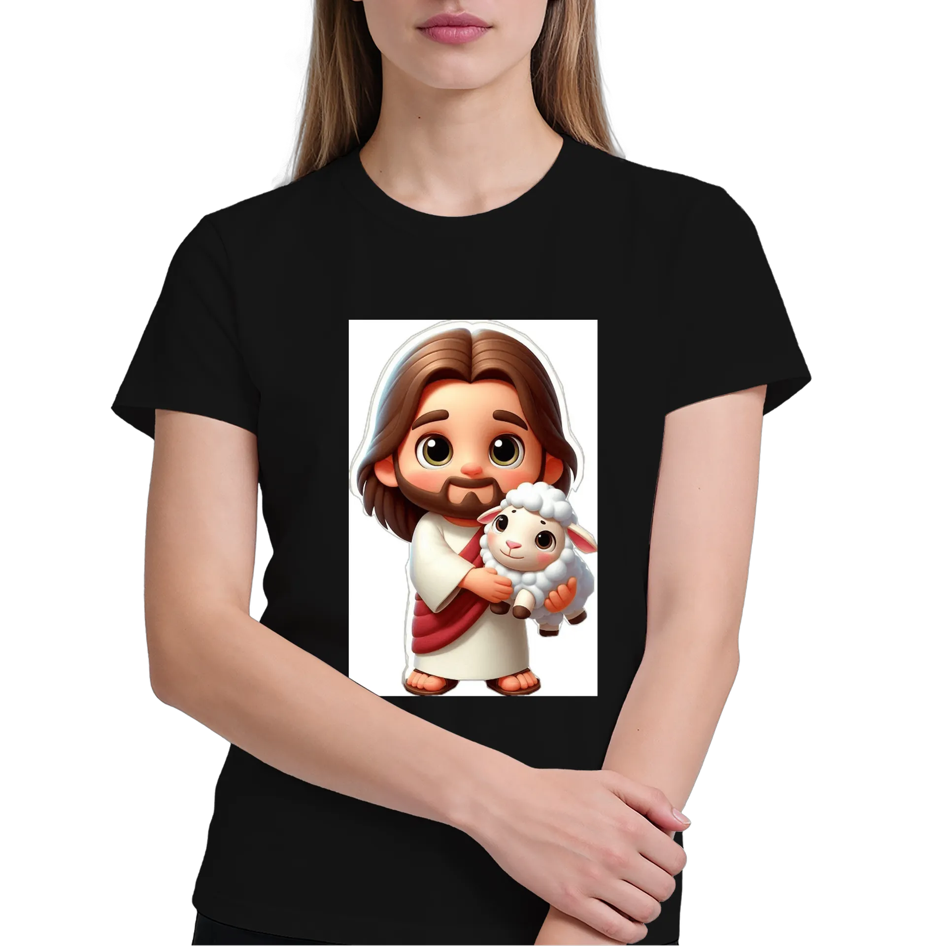 Camiseta Jesus com Ovelha Estilo Cartoon 100% Algodão de https://bugbug.com.br — imagem 3 de 6