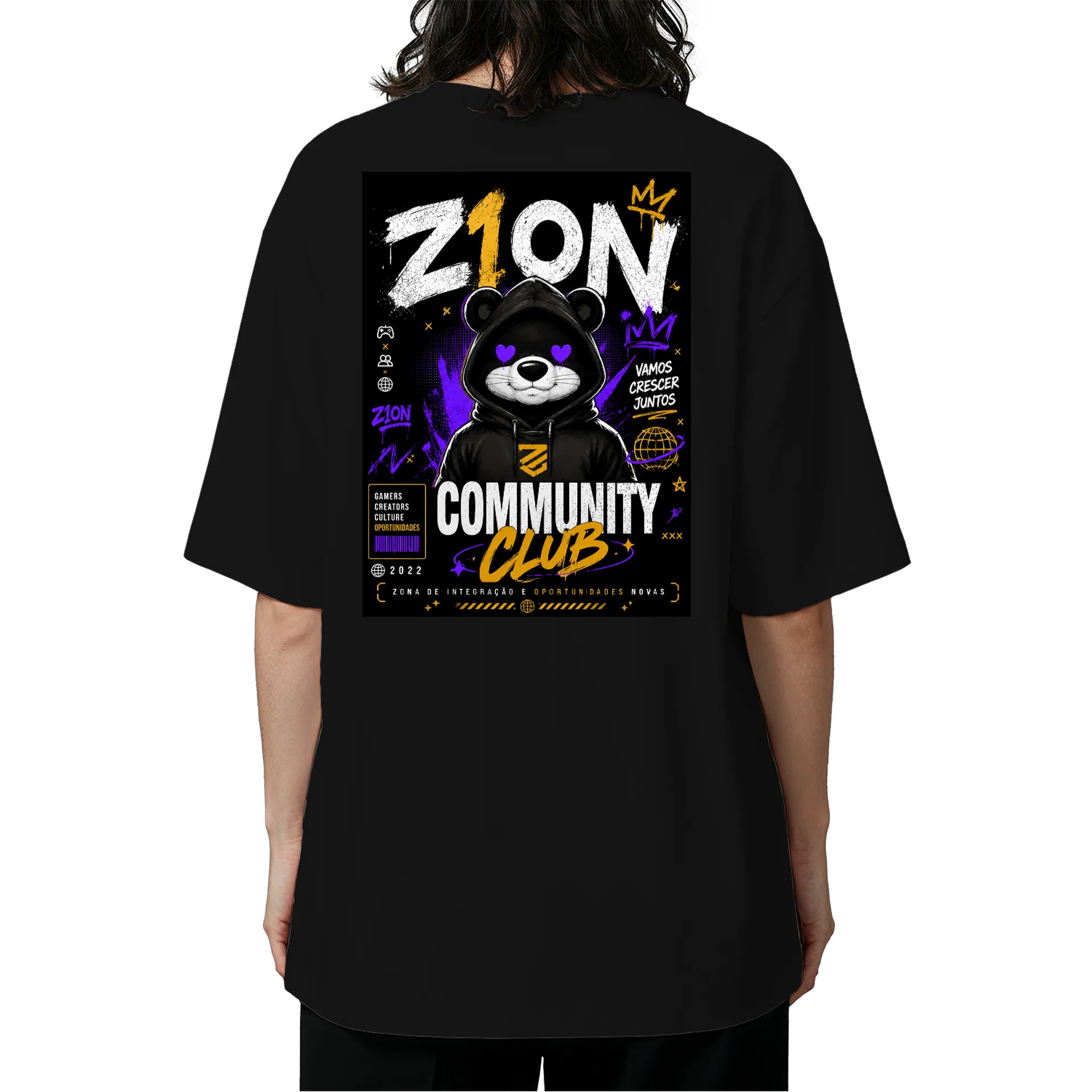 Camiseta Oversized Urso com Capuz Preto 100% Algodão - Imagem 5