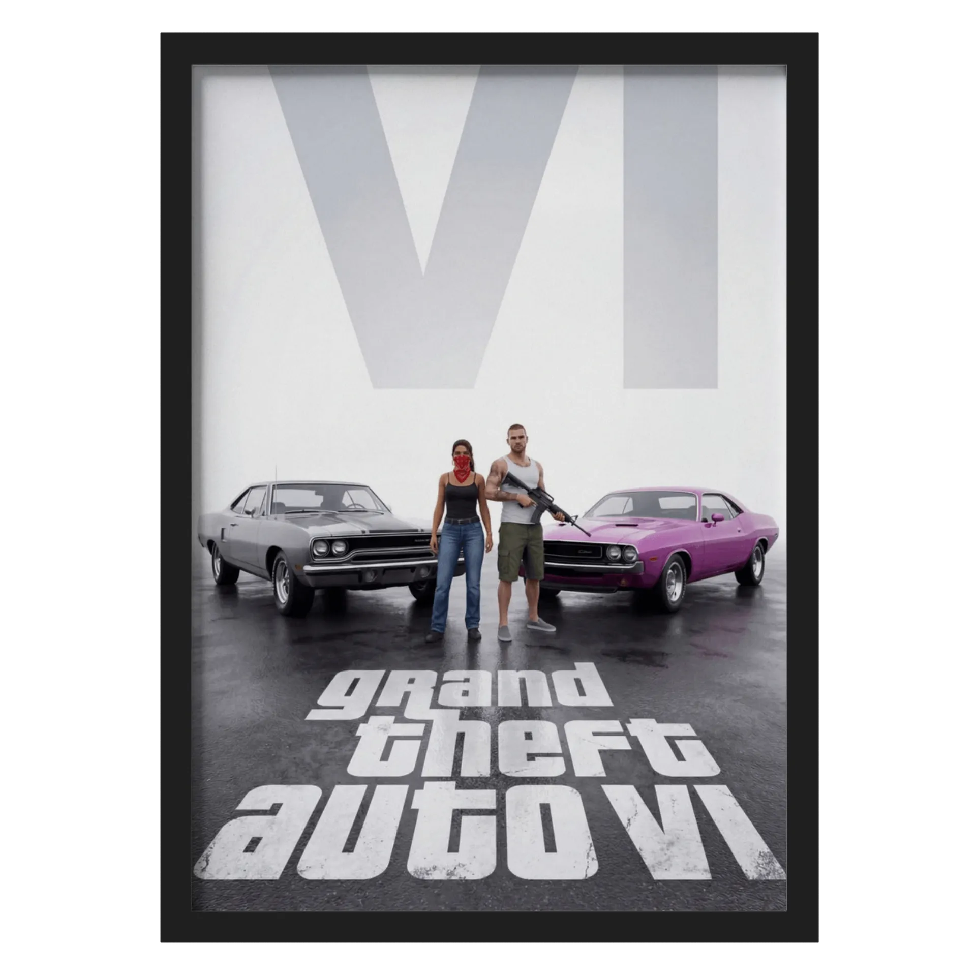Quadro Grand Theft Auto Carros e Personagens A3 com Vidro - Imagem 1