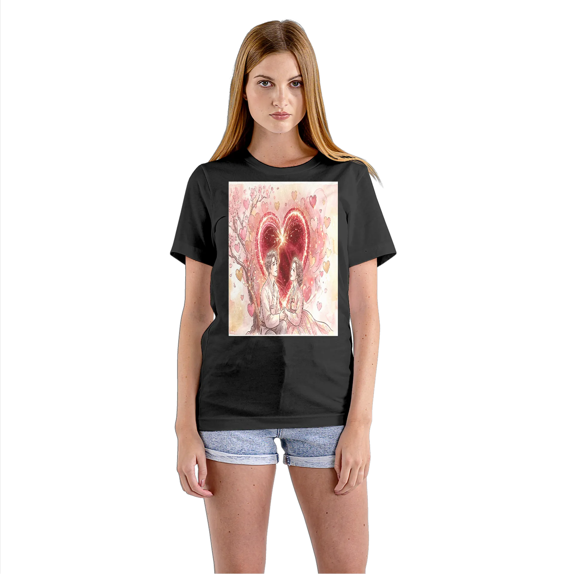 Camiseta Babylook Casal Romântico Coração Brilhante 100% - Imagem 3