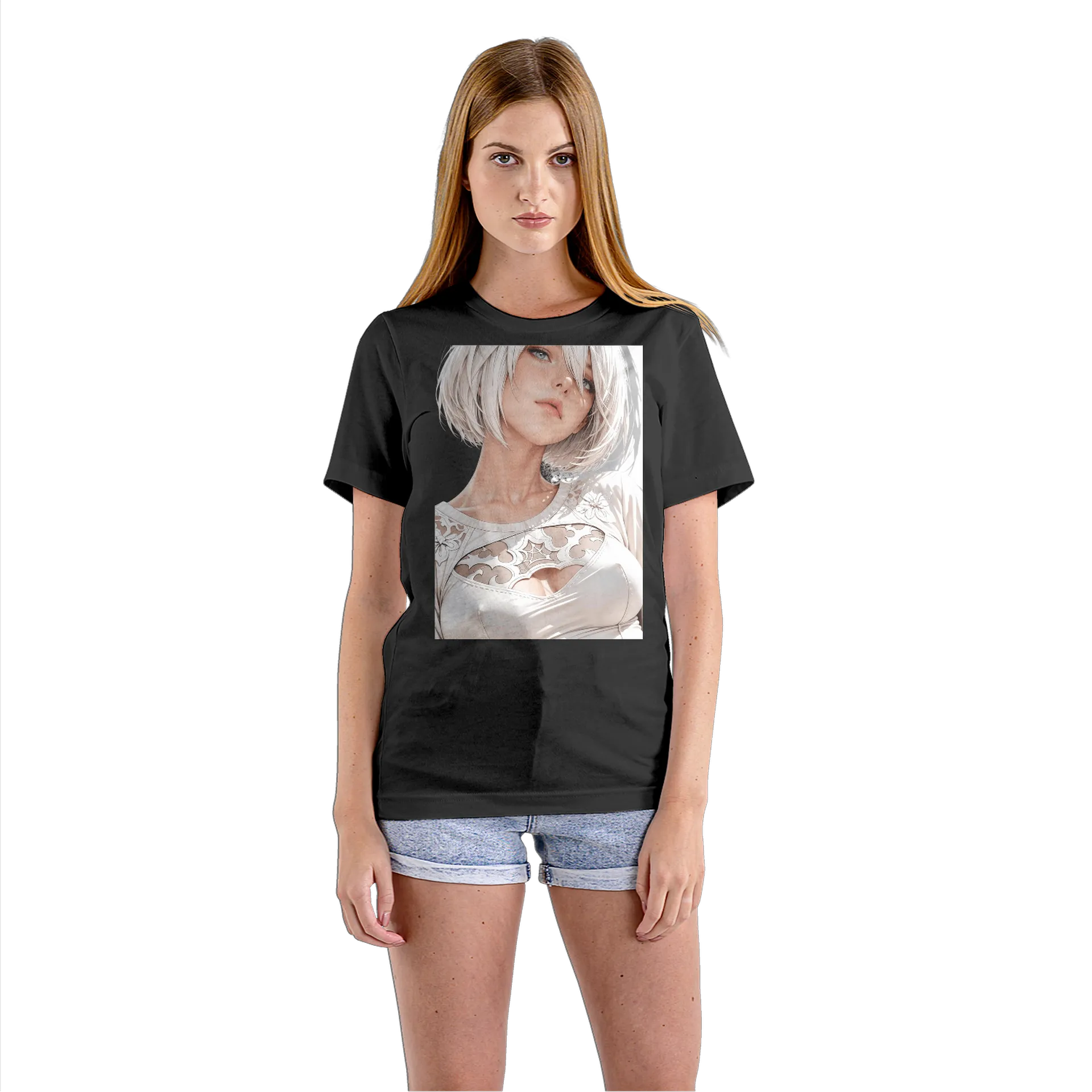 Camiseta Babylook Retrato Anime Cabelo Branco 100% Algodão - Imagem 3
