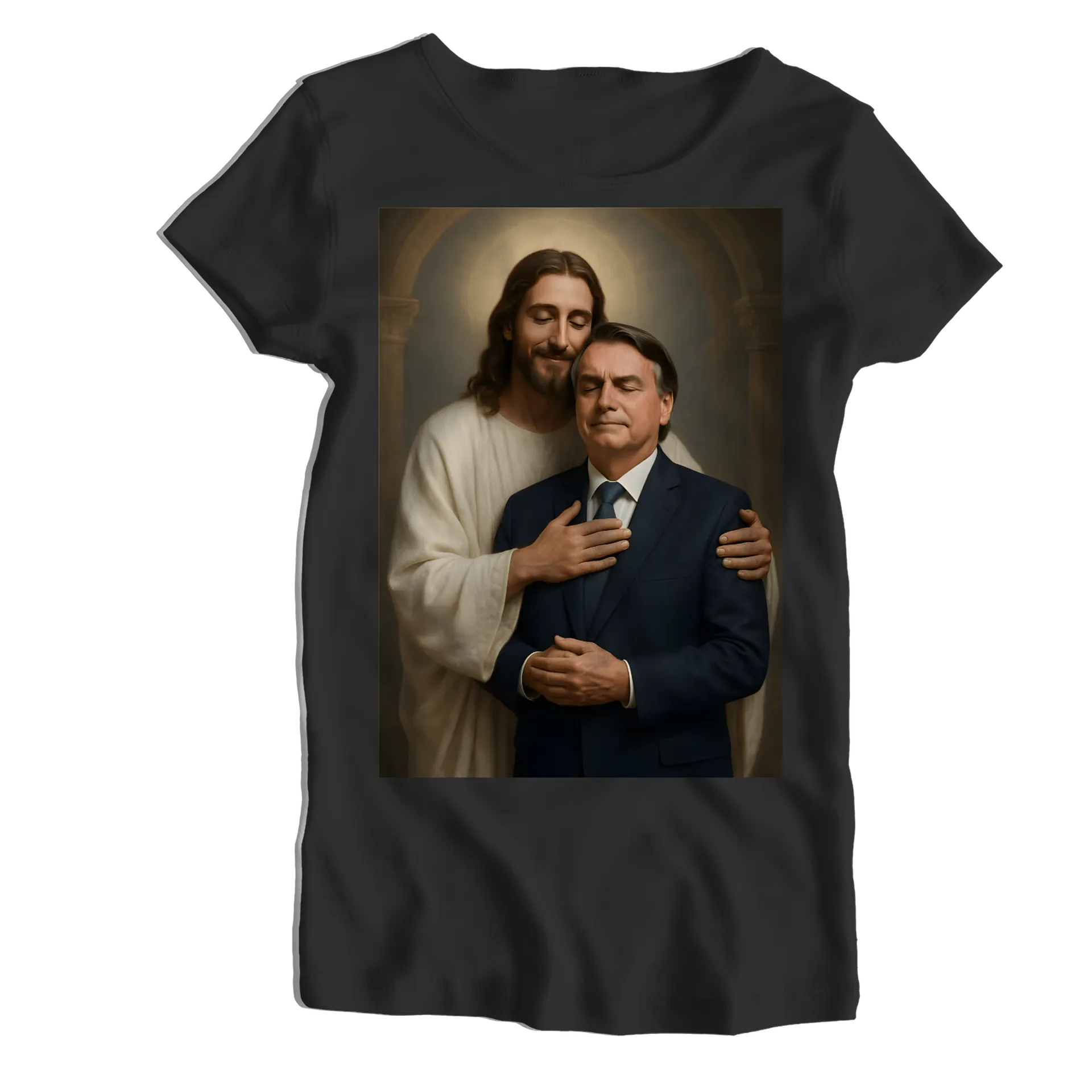 Camiseta Babylook Jesus Abraçando Homem de Terno 100% - Imagem 1