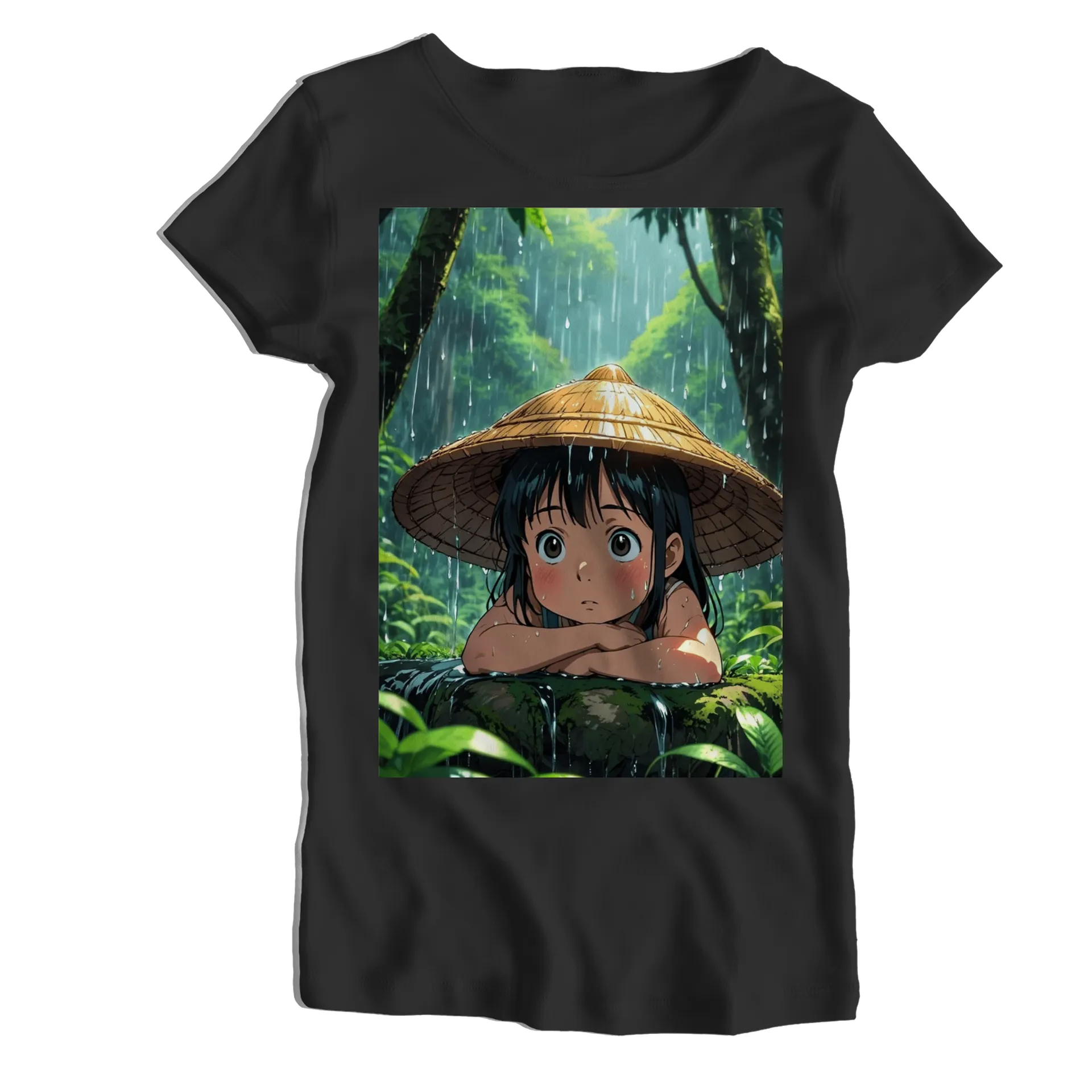 Camiseta Babylook Menina Anime Chuva na Floresta 100% - Imagem 1