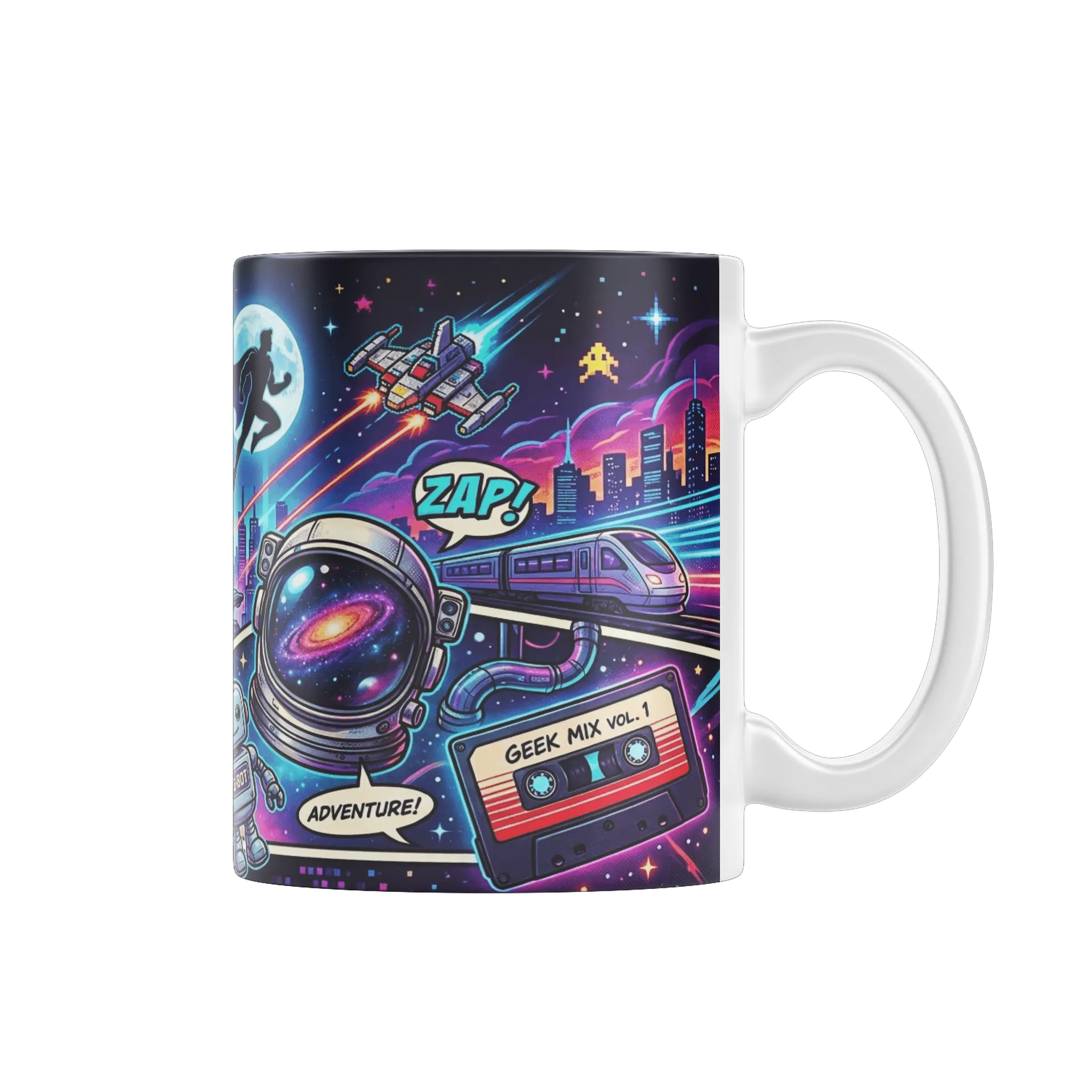 Caneca Geek Aventura Espacial Retrô em Cores Neon 325ml - Imagem 1