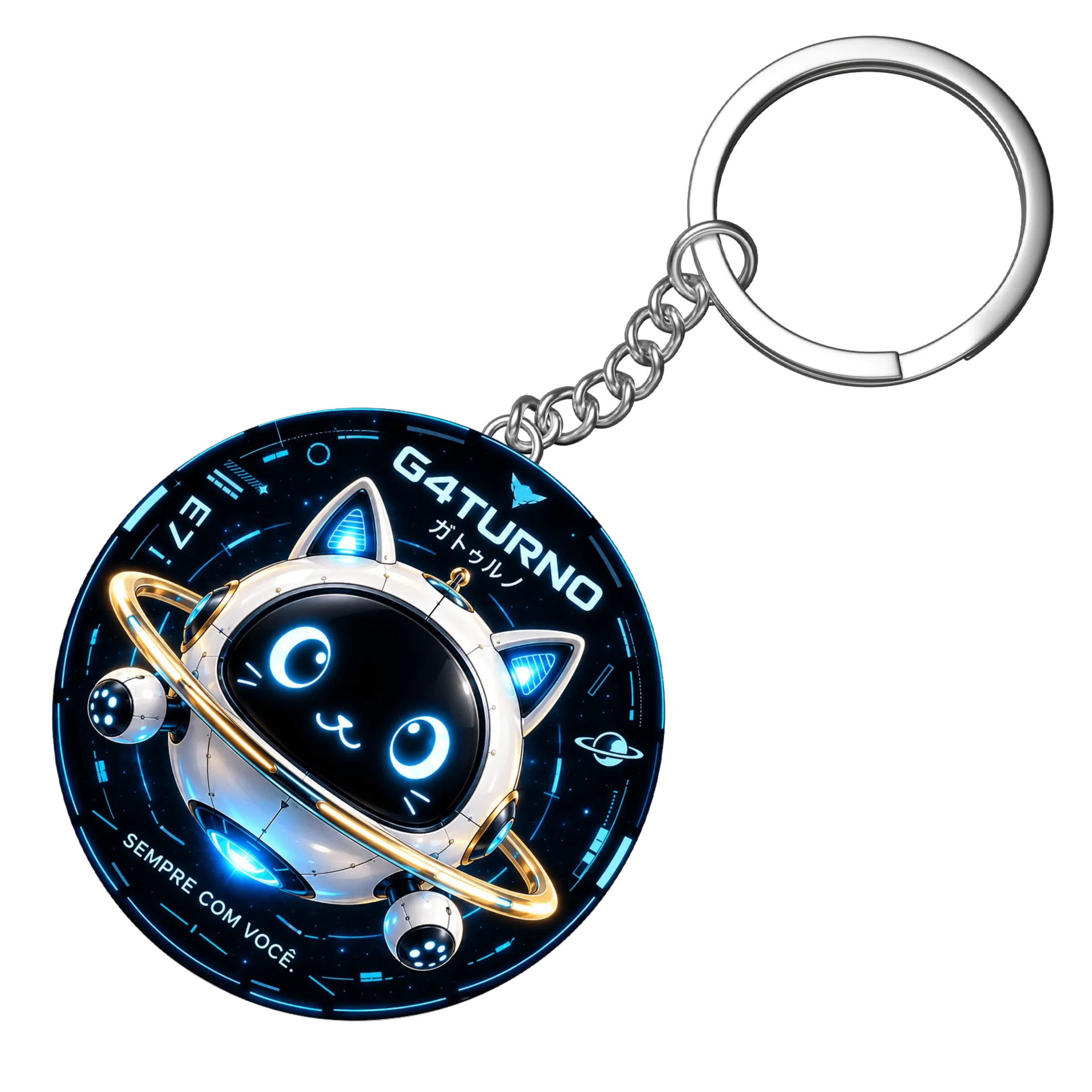 Chaveiro MDF Gato Espacial Neon Branco Azul 5x5cm - Imagem 3