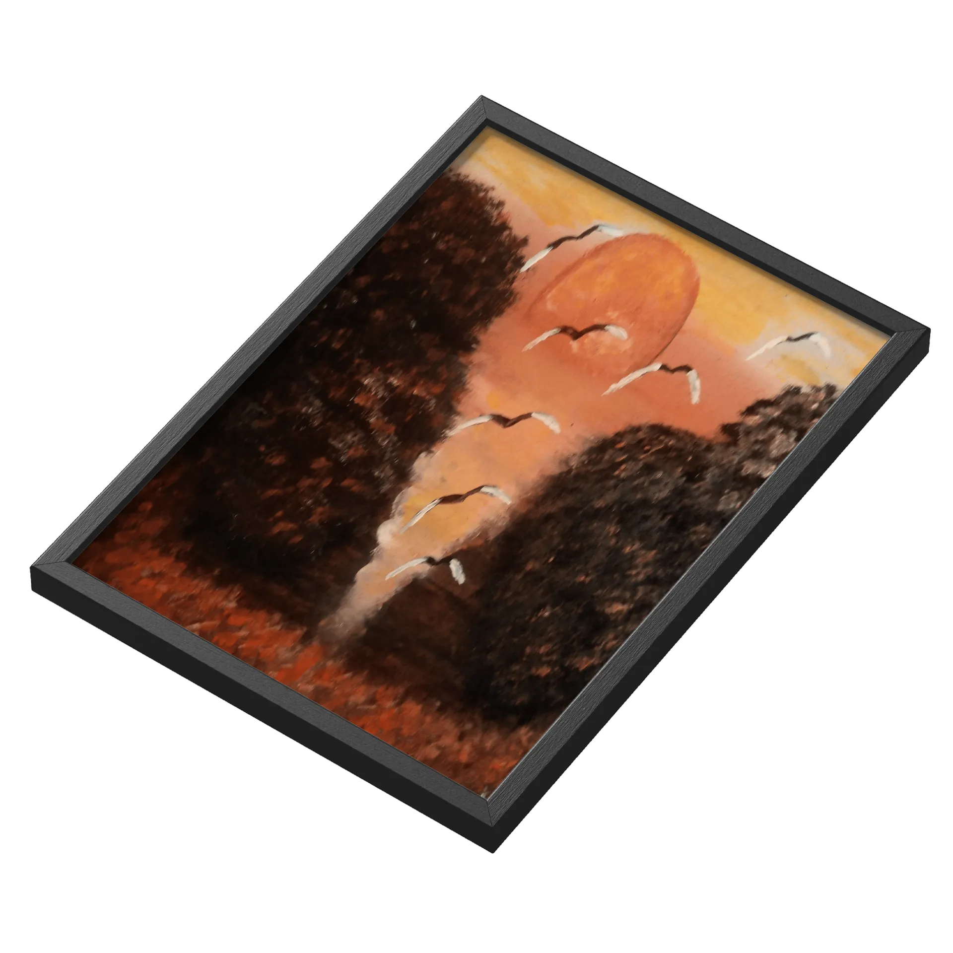 Quadro Paisagem Pintada com Sol e Aves A3 com Vidro - Imagem 3