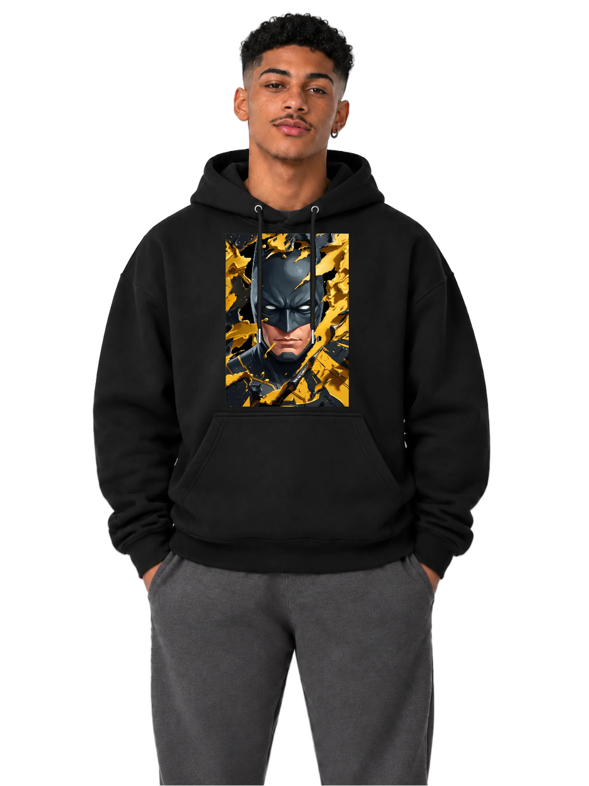Blusa Moletom Canguru Batman Ilustração Amarela e Preta - Imagem 3
