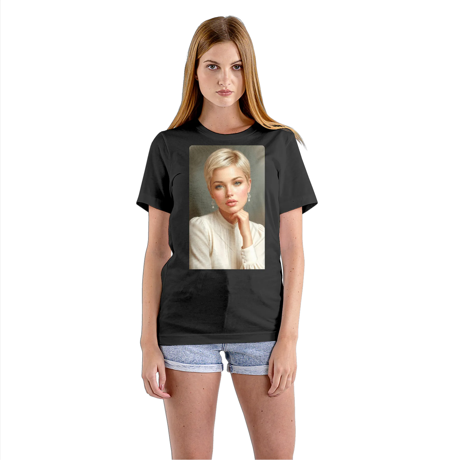 Camiseta Babylook Retrato Realista Mulher Loira 100% Algodão - Imagem 3