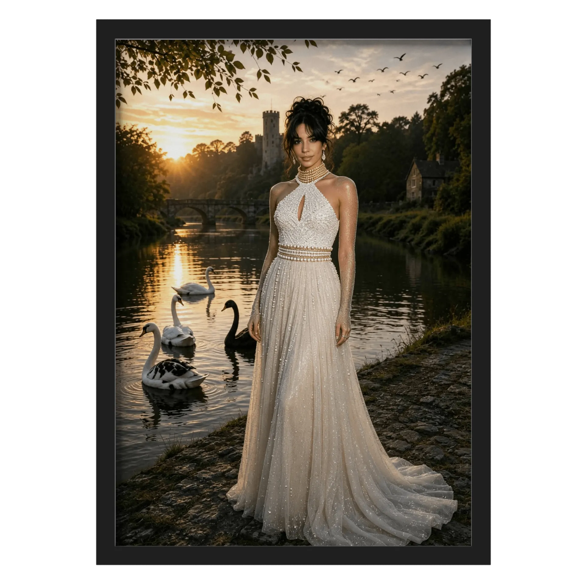 Quadro Retrô Mulher Brilhante Branco Dourado A3 com Vidro - Imagem 1