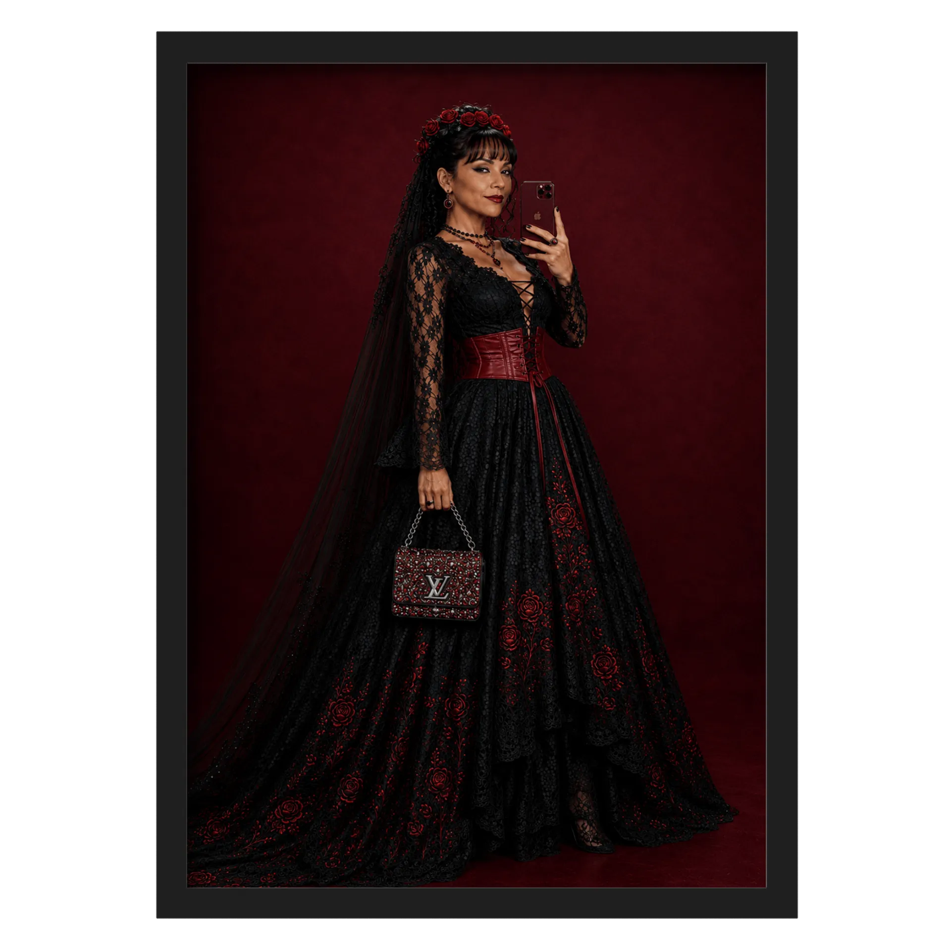 Quadro Princesa Negra Gótica Bordado Vermelho A3 MDF e Vidro - Imagem 1