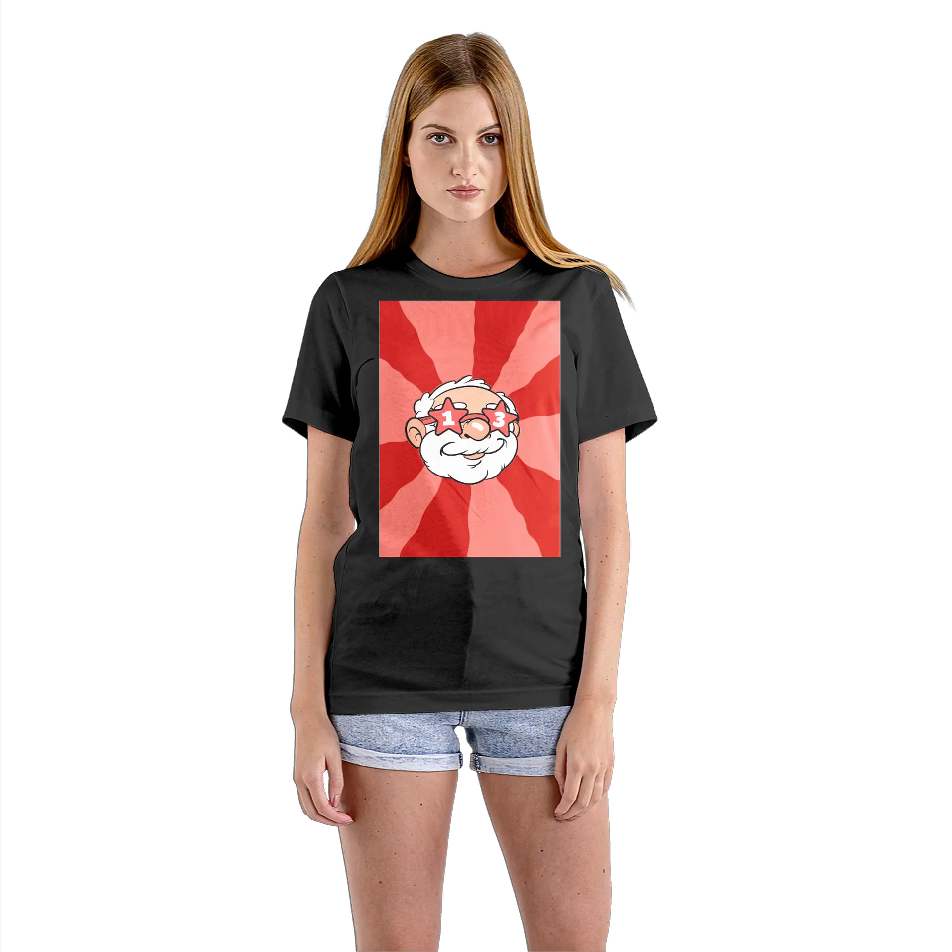 Camiseta Babylook Papai Noel Cartoon Fundo Vermelho 100% - Imagem 3