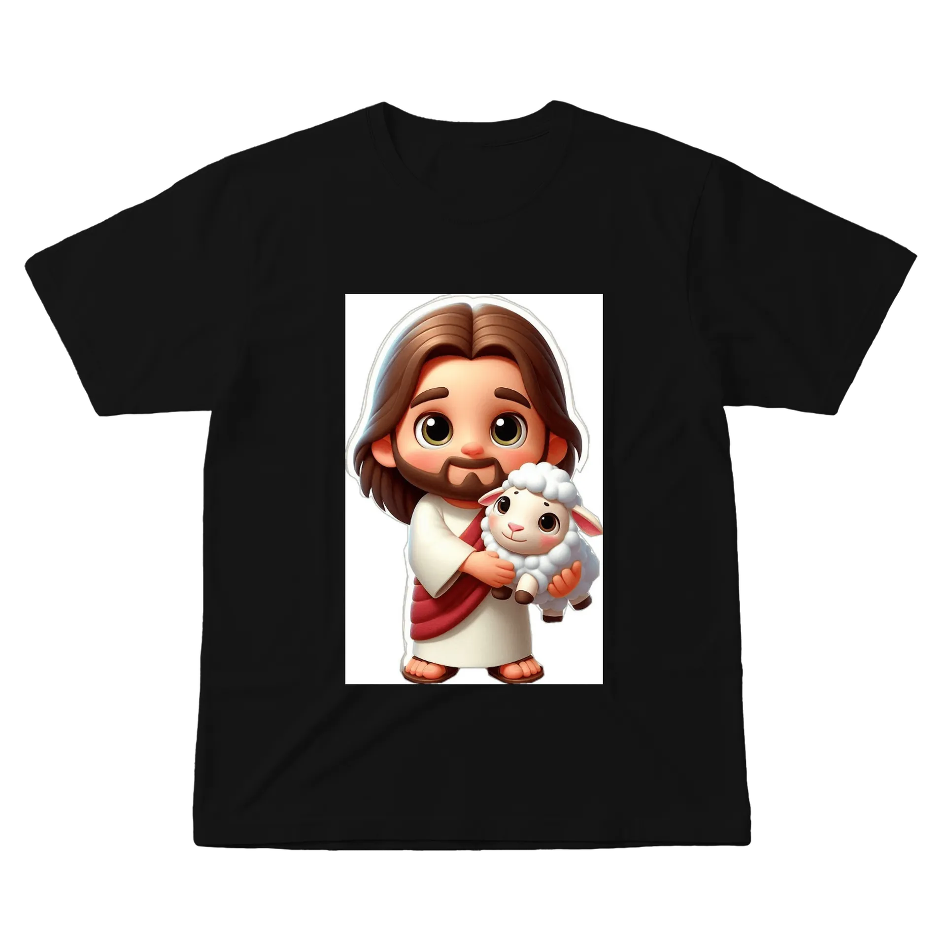 Camiseta Jesus com Ovelha Estilo Cartoon 100% Algodão de https://bugbug.com.br — imagem 1 de 6