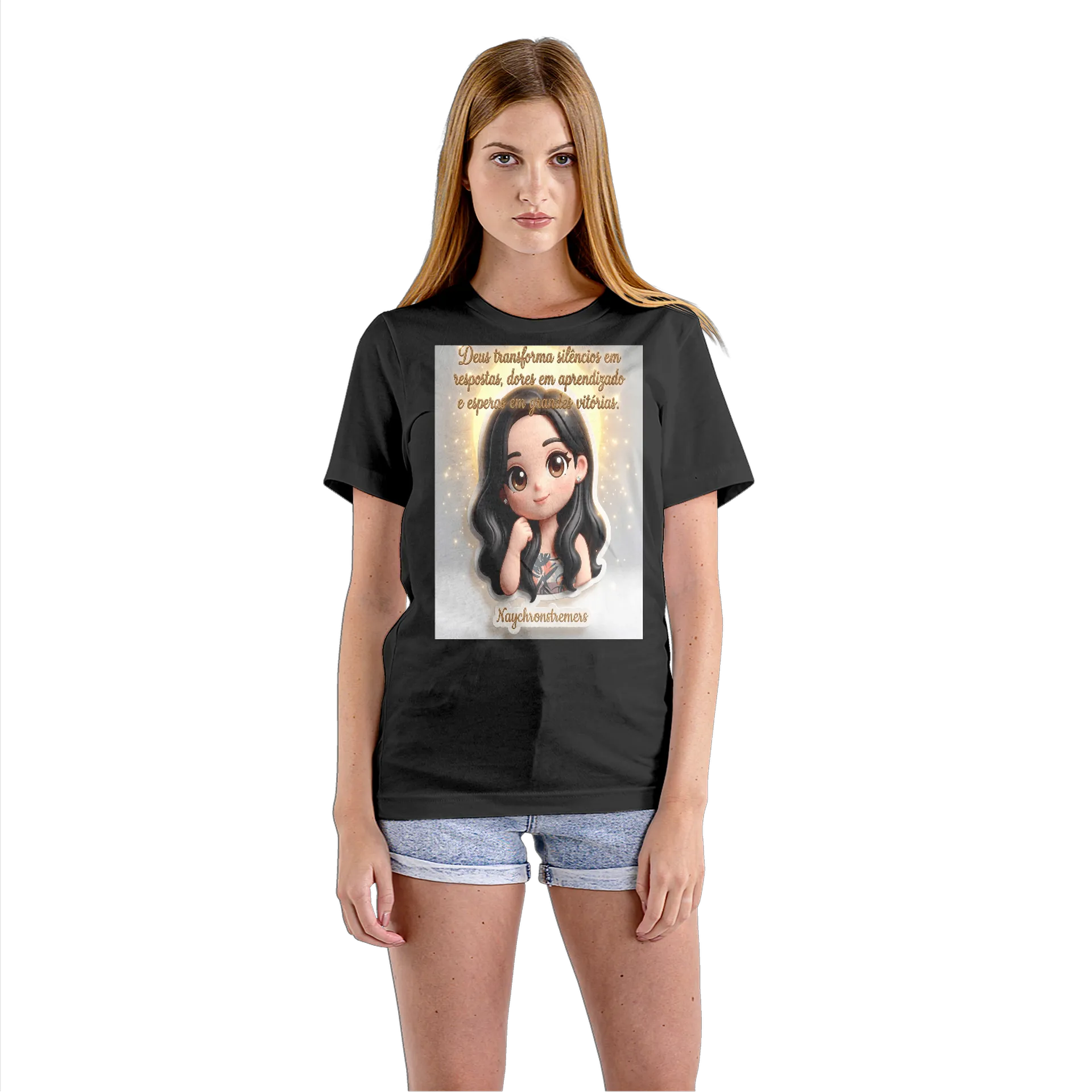 Camiseta Babylook Personagem Cartoon Cabelos Pretos 100% - Imagem 3
