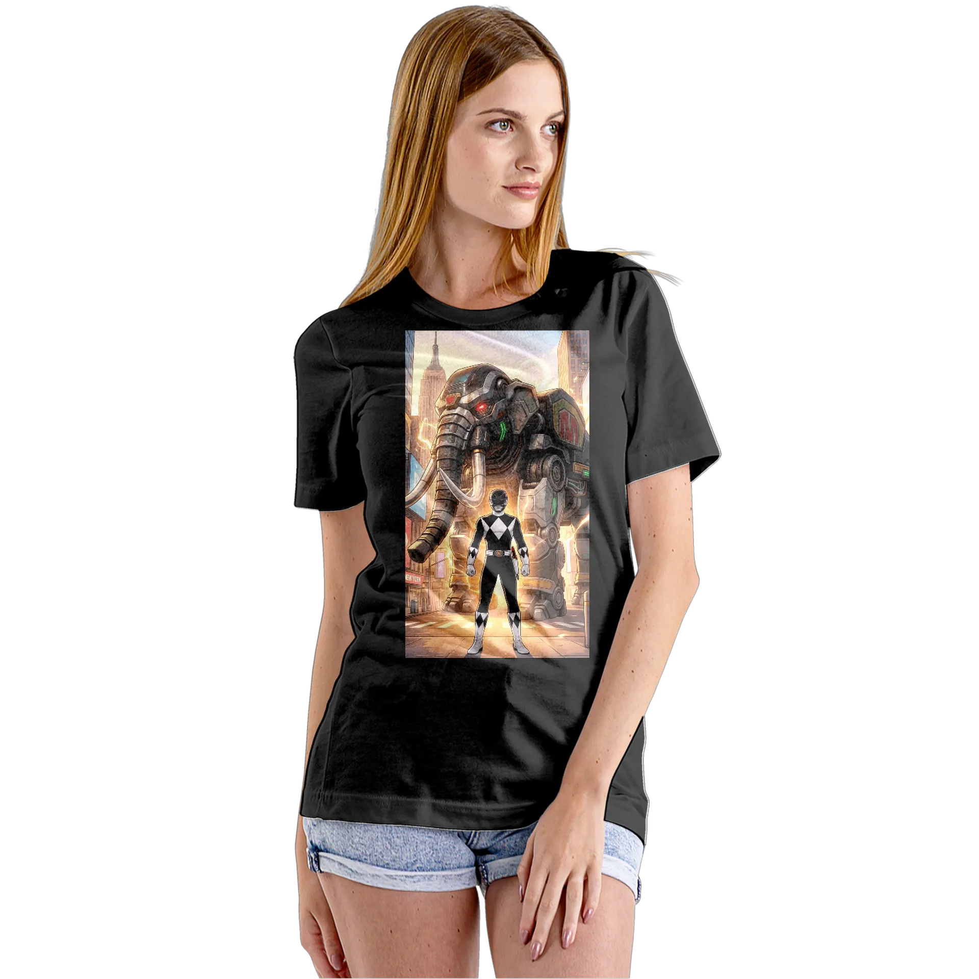 Camiseta Babylook Herói Preto e Branco com Robô Elefante - Imagem 5