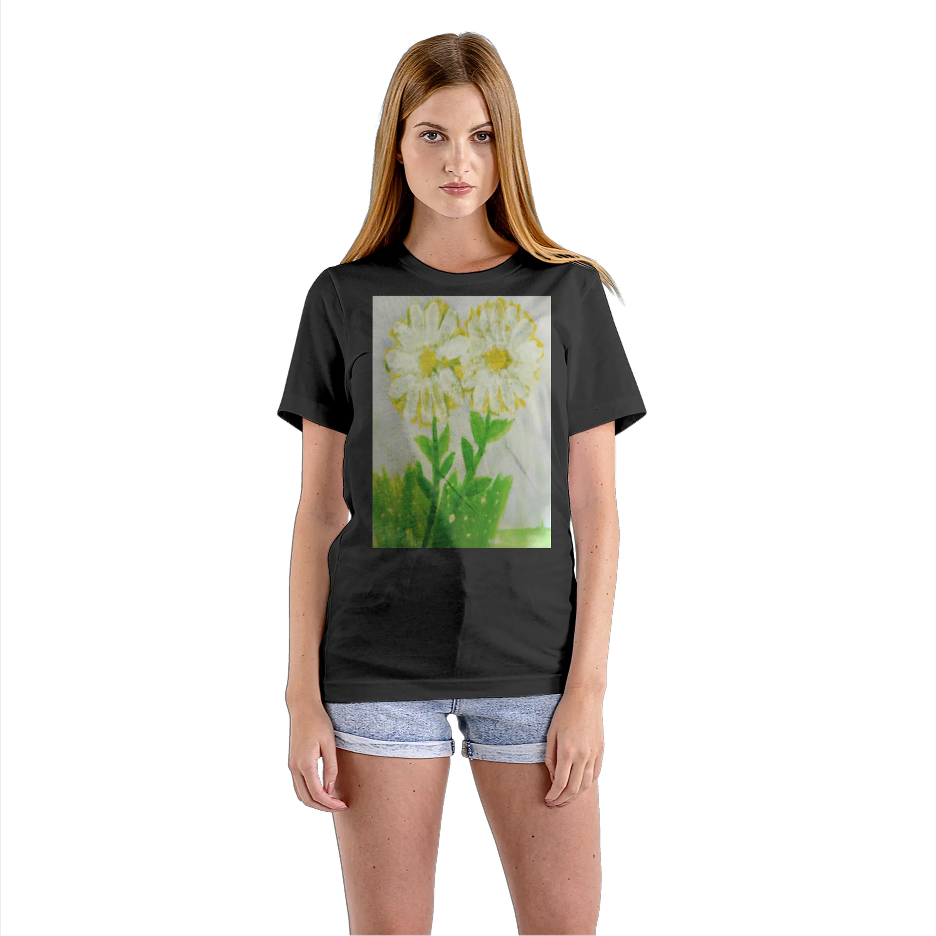 Camiseta Babylook Margaridas Brancas e Folhas Verdes 100% - Imagem 3