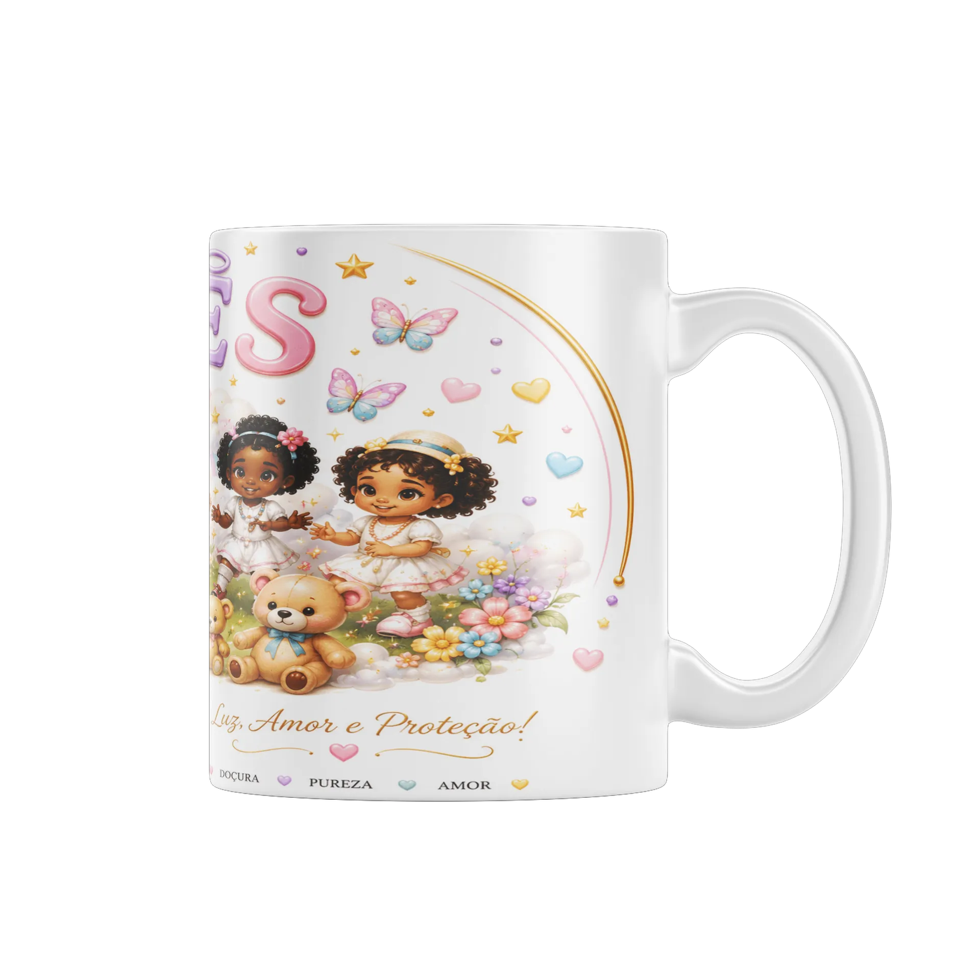 Caneca Porcelana Crianças Flores Estrelas 325ml - Imagem 1