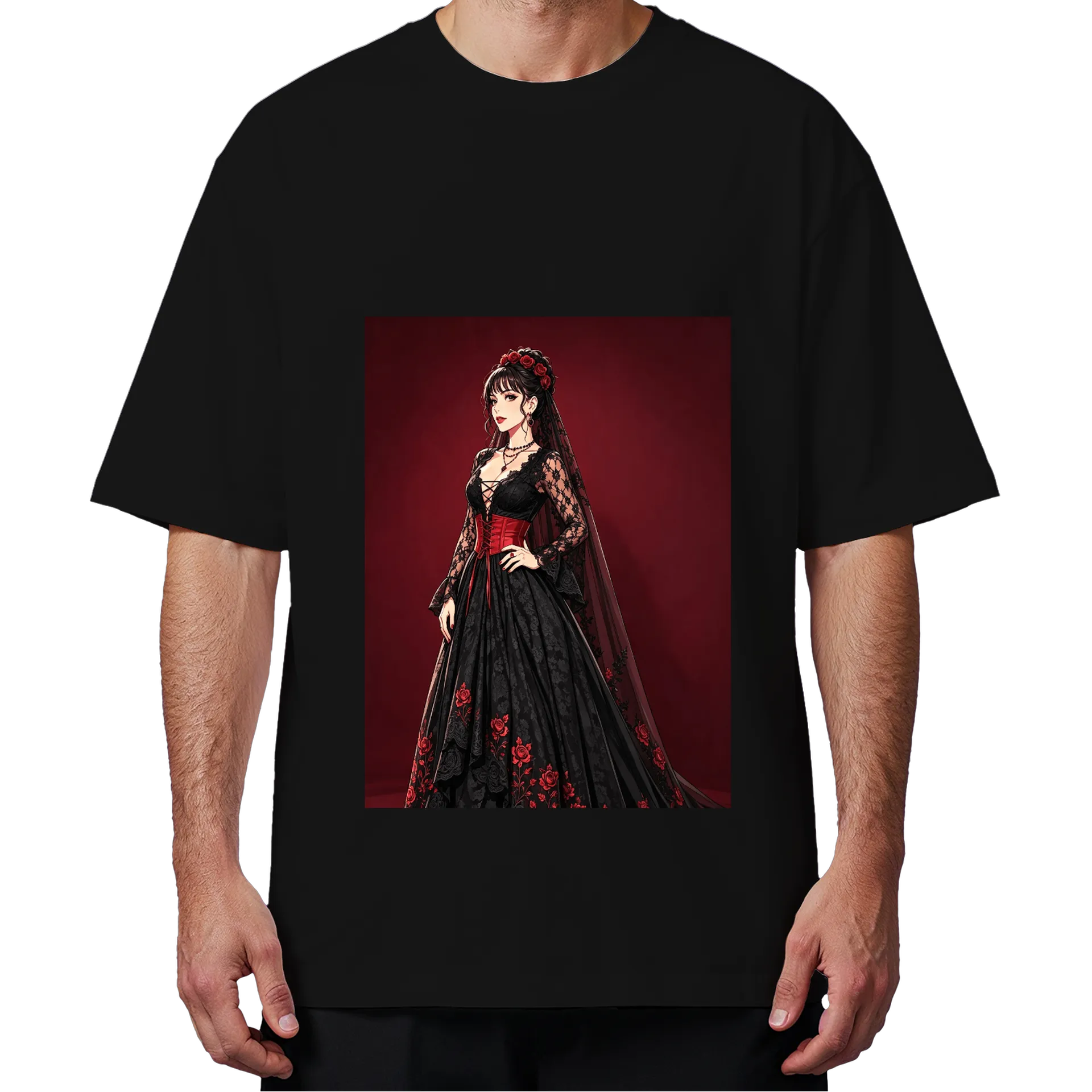 Camiseta Oversized Vestido gótico vermelho e preto 100% - Imagem 4