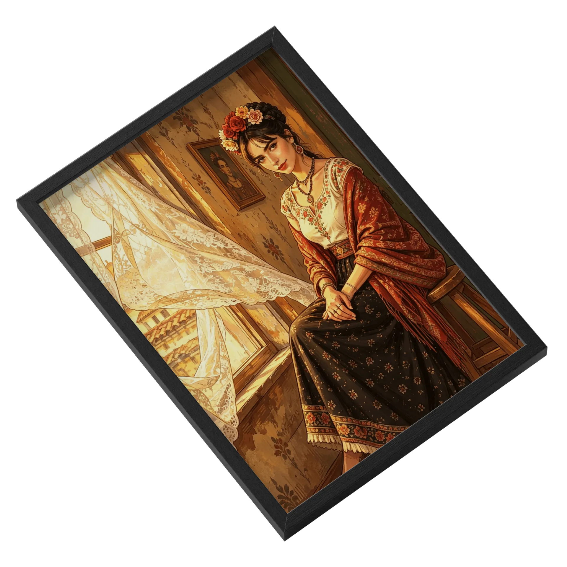 Quadro Mulher Desenho Floral Romântico A3 MDF e Vidro - Imagem 2