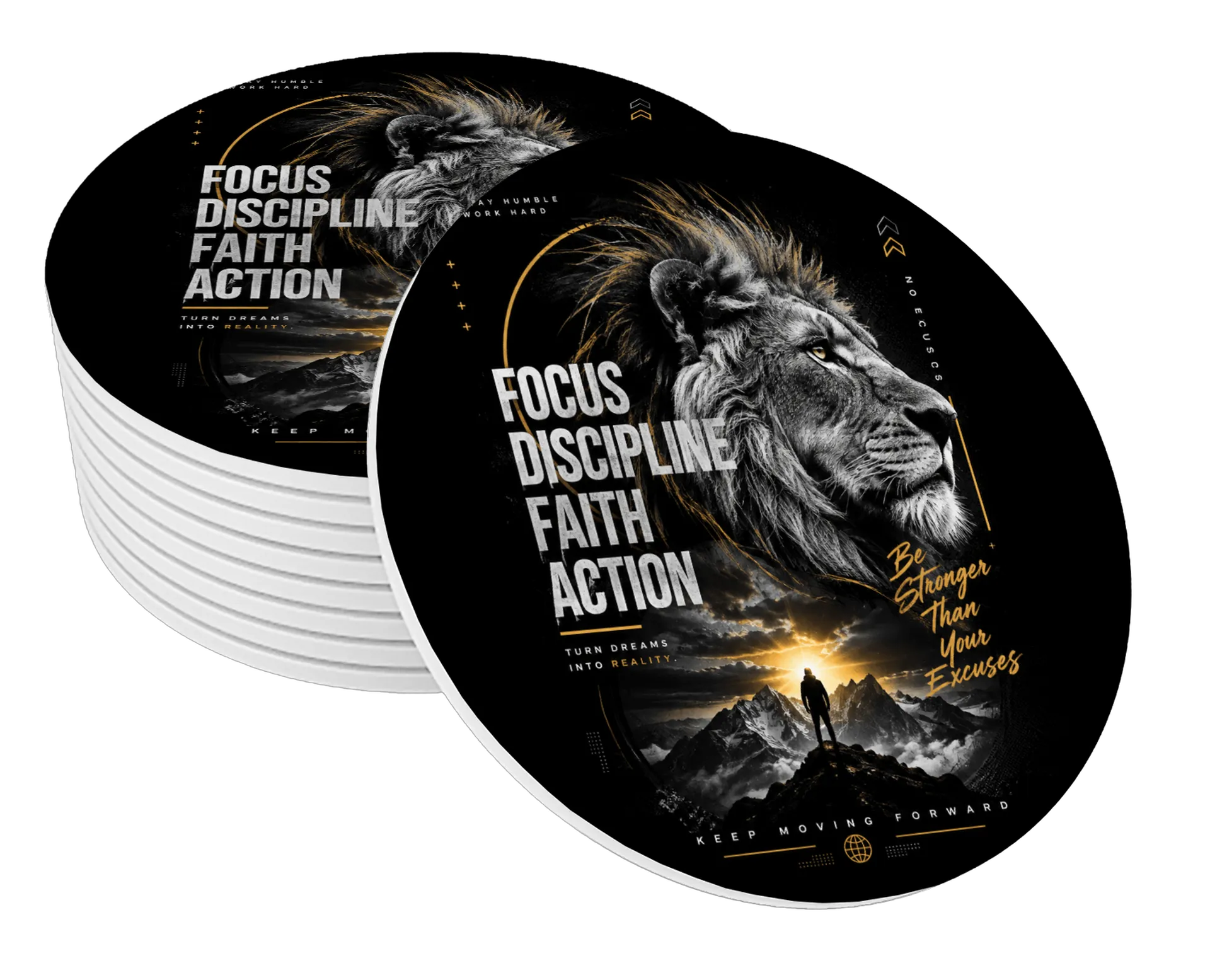 Porta-copo MDF Focus Discipline Faith Action Arte Lion - Imagem 1