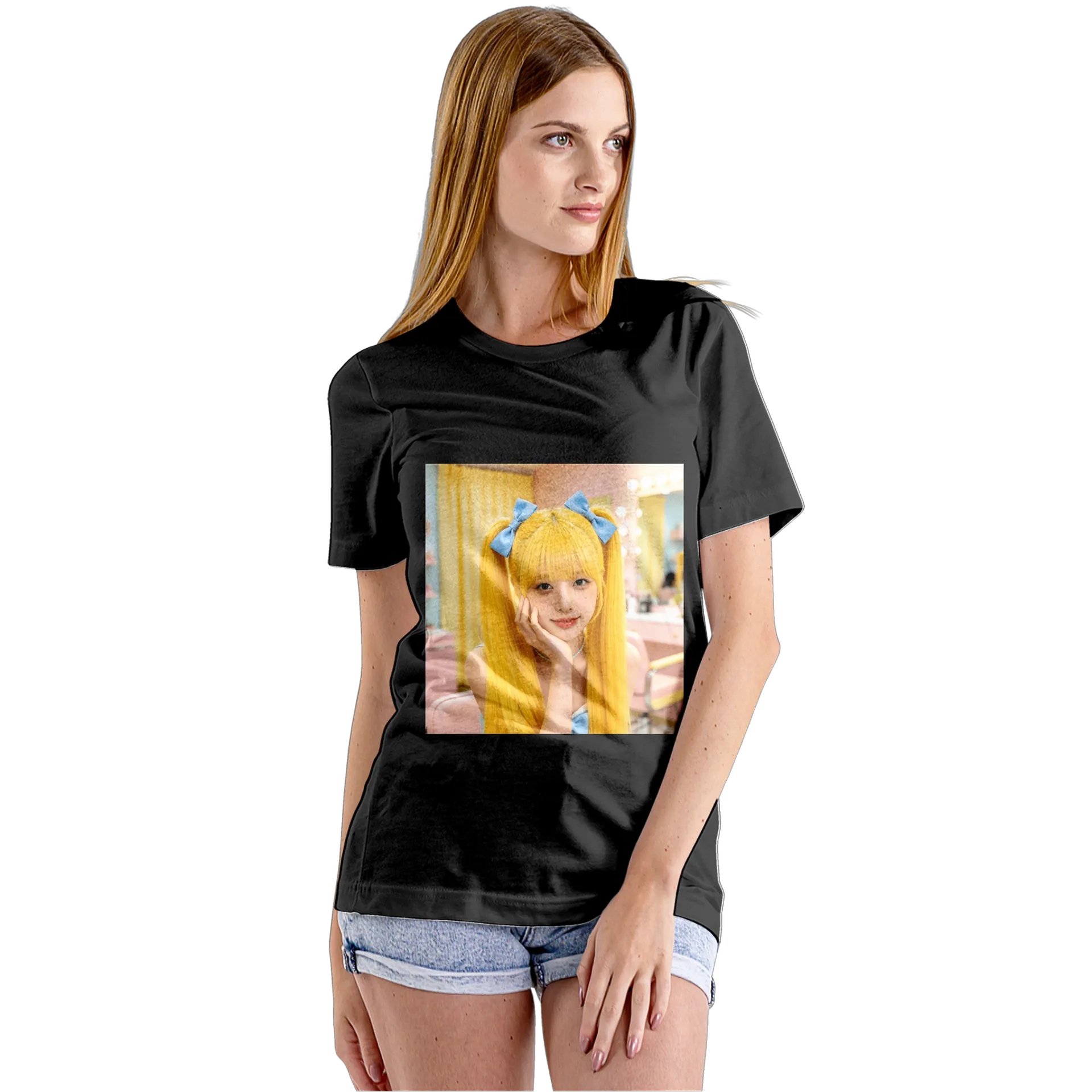 Camiseta Babylook Retrato Fotográfico Mulher Laços Azuis - Imagem 5