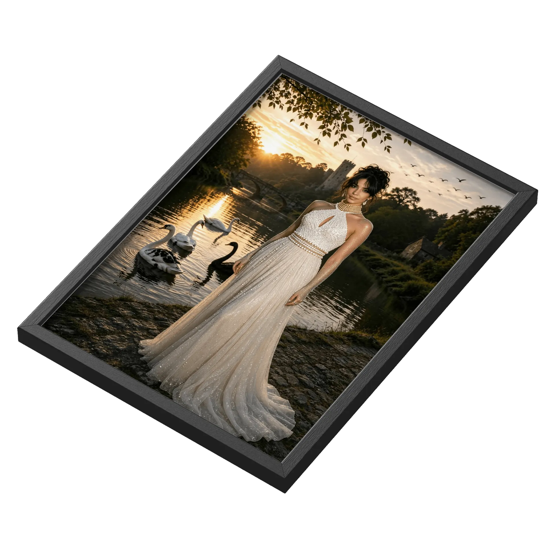 Quadro Retrô Mulher Brilhante Branco Dourado A3 com Vidro - Imagem 3